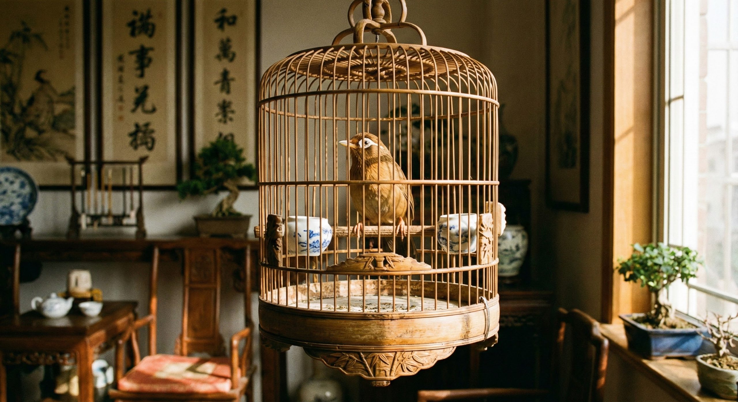 Chim Họa Mi chiến và lồng nuôi chuyên dụng.