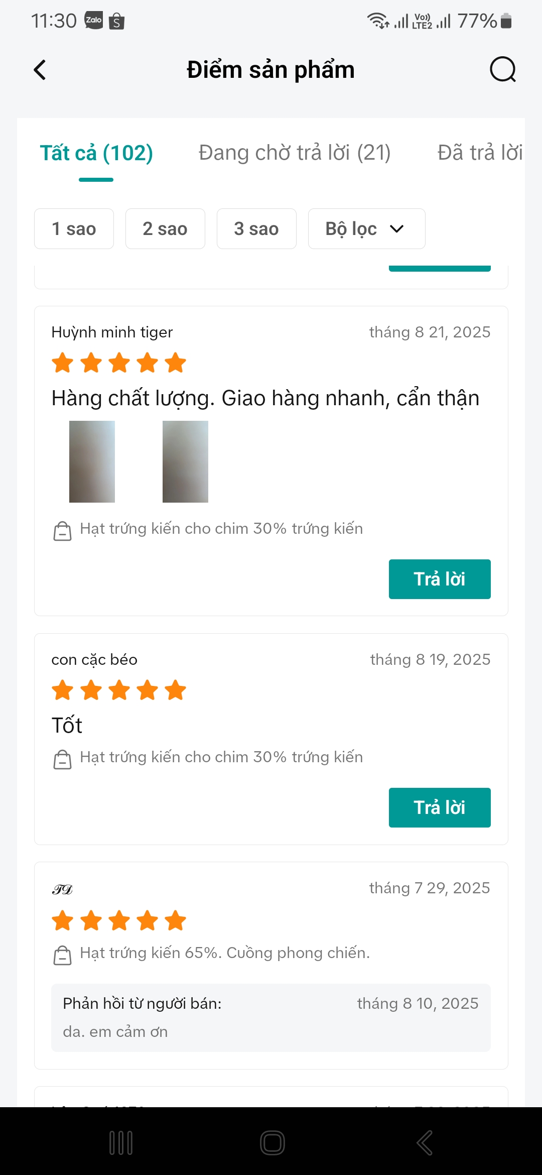 Feedback khách hàng khen cám Taichel giúp chim đi phân khuôn khô và mượt lông.