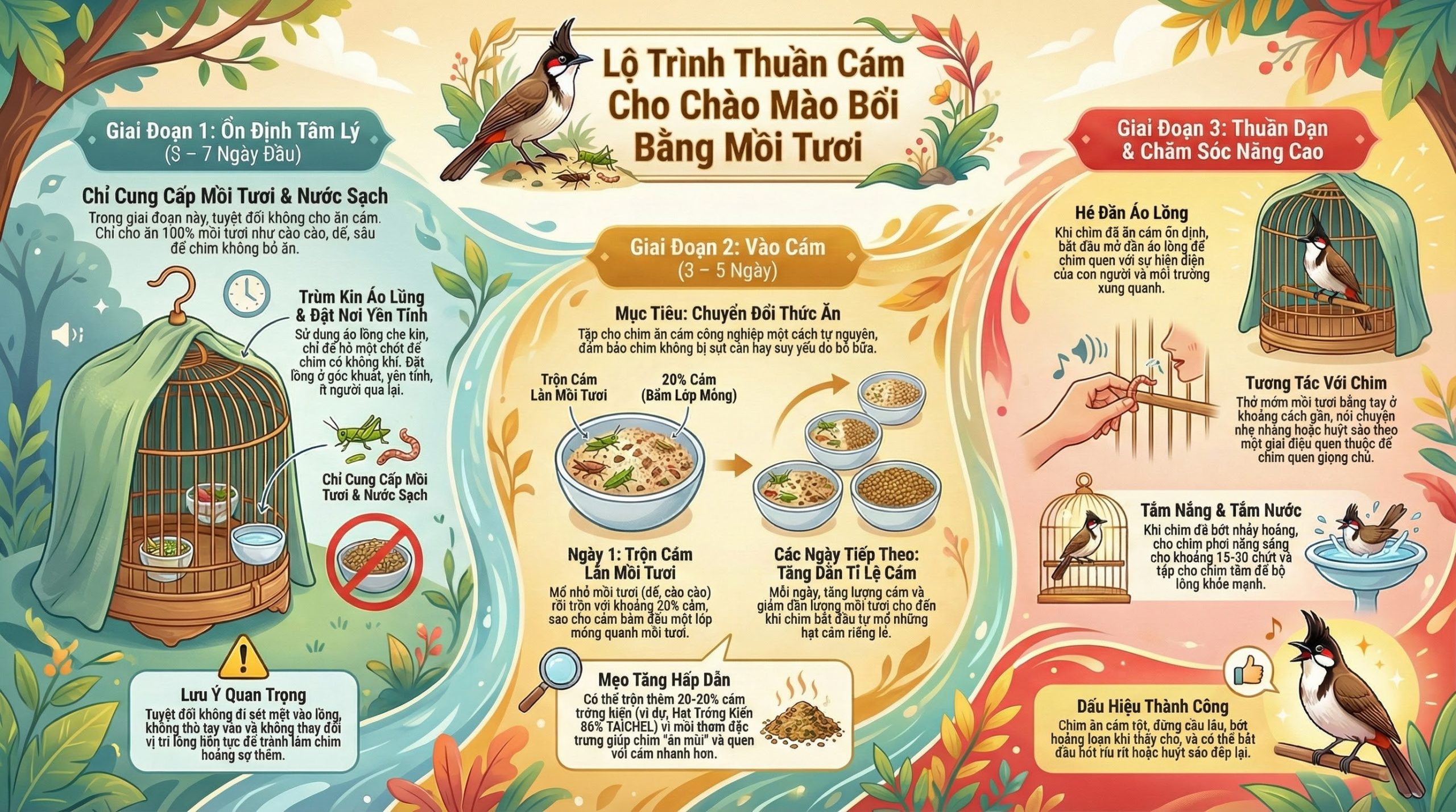 Sơ đồ quy trình 4 bước thuần cám cho chim bổi.