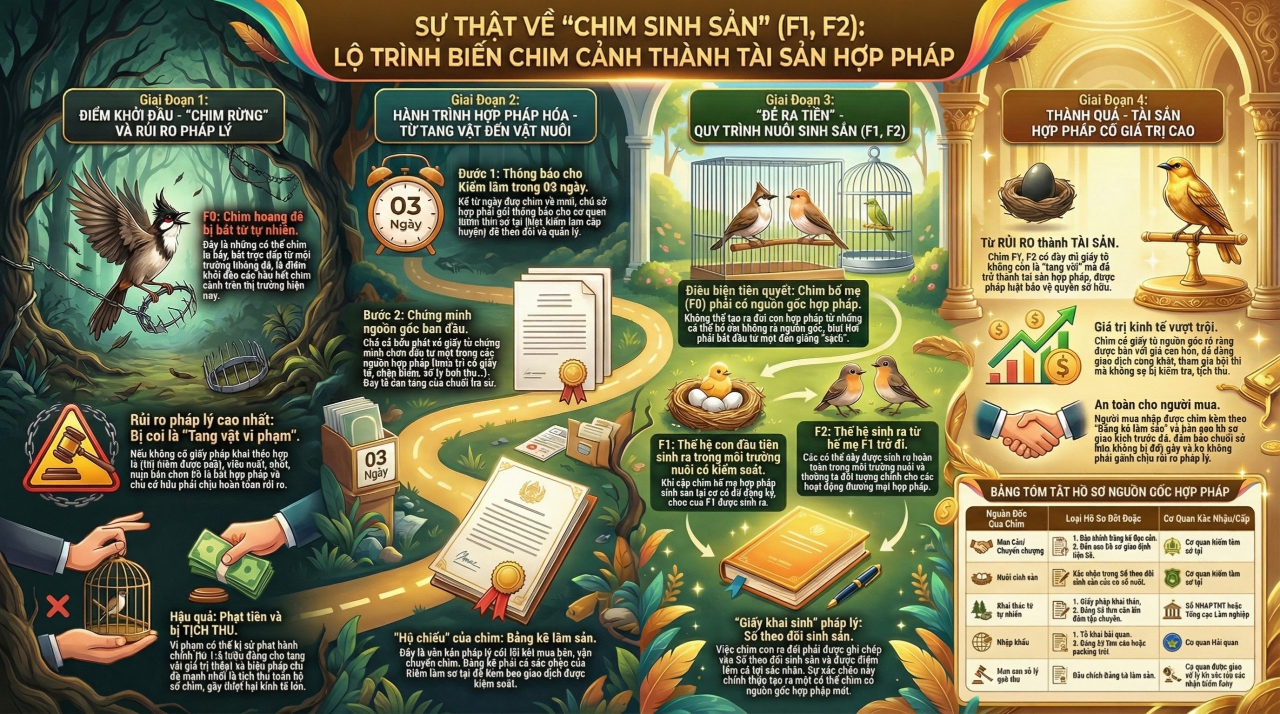 Sơ đồ phả hệ chim F0, F1, F2 và tình trạng pháp lý.