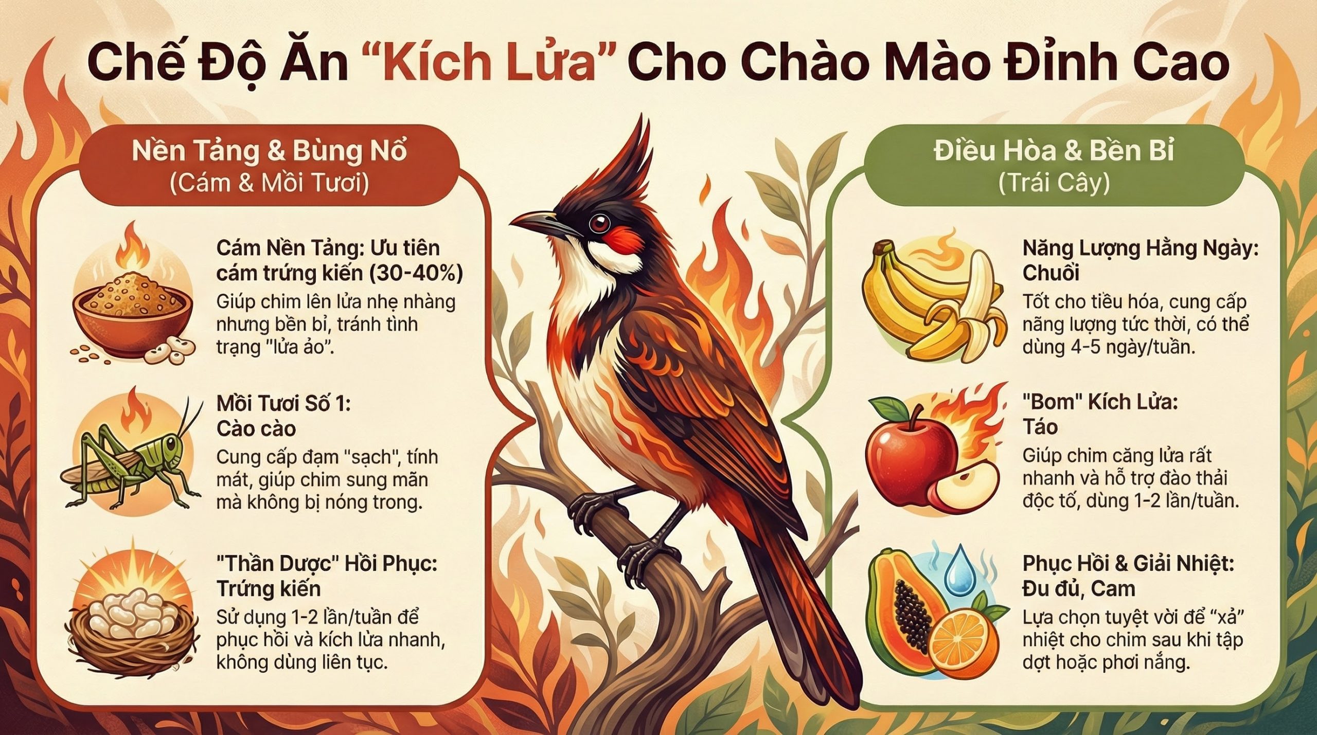 Infographic tháp dinh dưỡng cho chim chào mào kích bổi.
