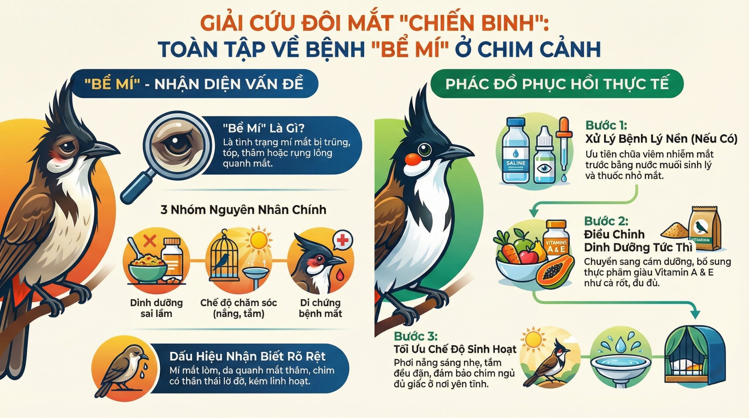 Sơ đồ nguyên nhân chim bị bể mí mắt.