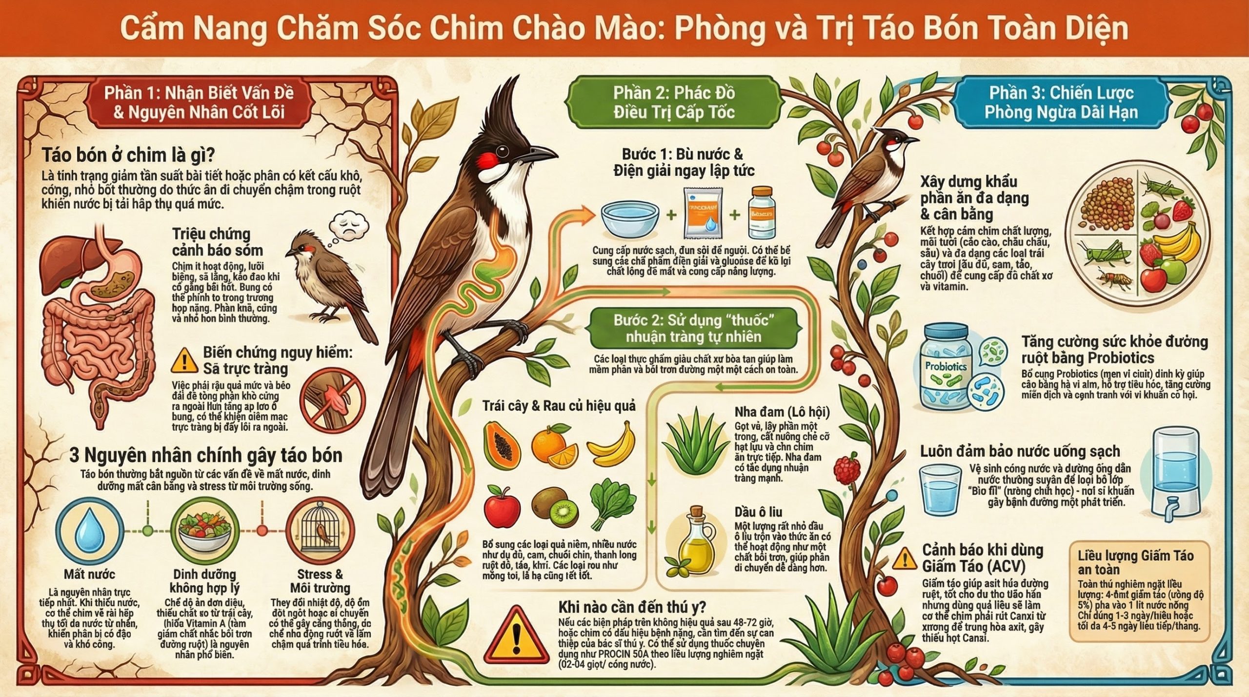 Infographic quy trình 3 bước trị táo bón cho chim cảnh.