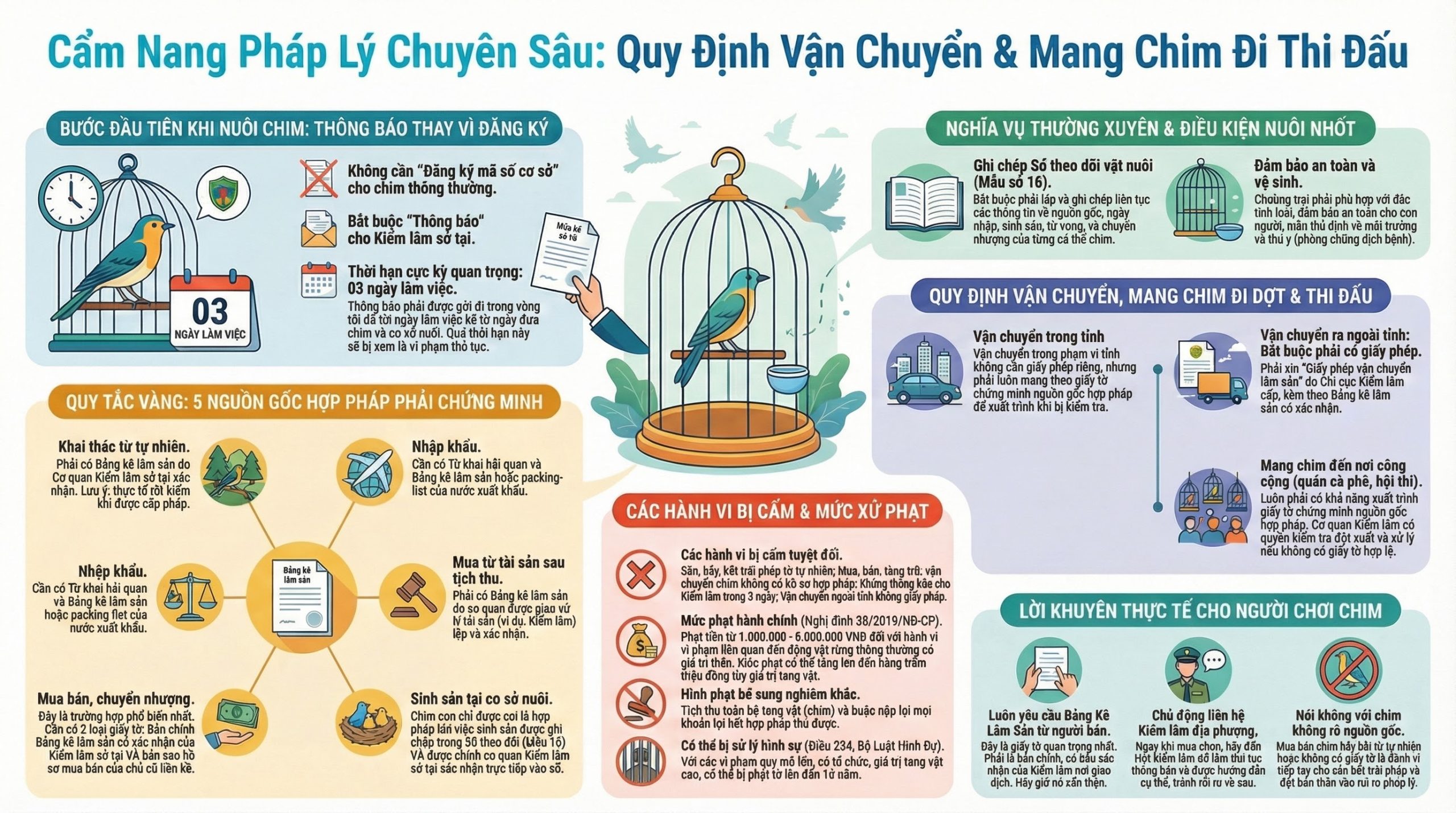 Infographic quy trình 5 bước vận chuyển chim đi thi đấu hợp pháp.