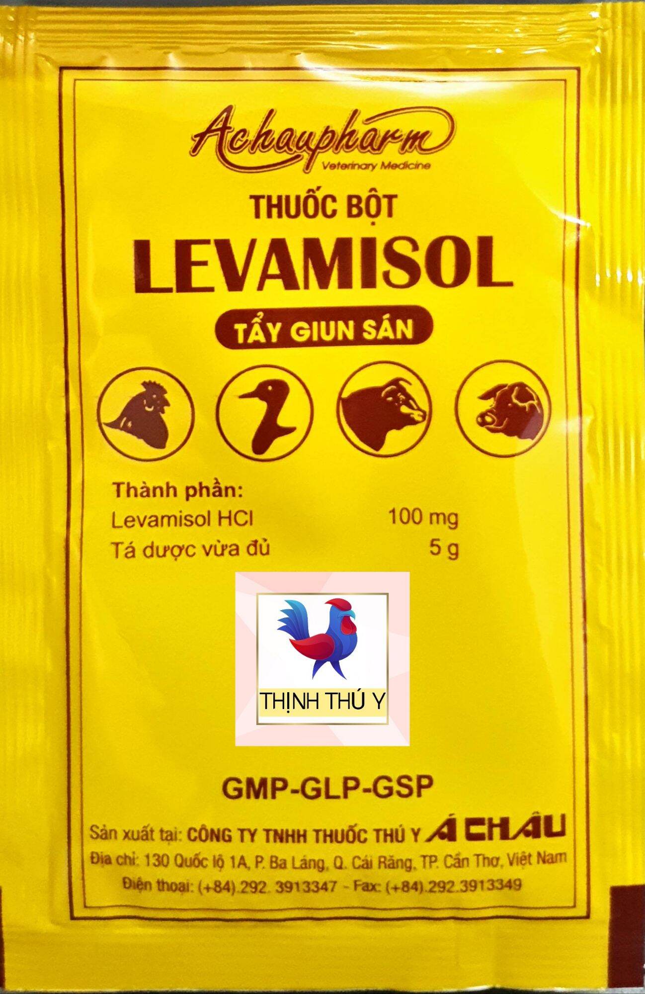 Hình ảnh gói thuốc thú y chứa hoạt chất Levamisole (hoặc Tetramisole) chuyên dùng để xổ giun sán cho gia cầm và chim cảnh.