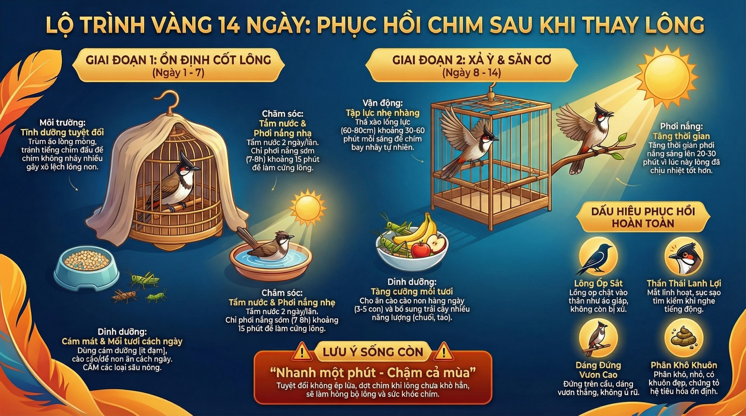 Infographic sơ đồ quy trình 14 ngày chăm sóc chim sau khi thay lông.