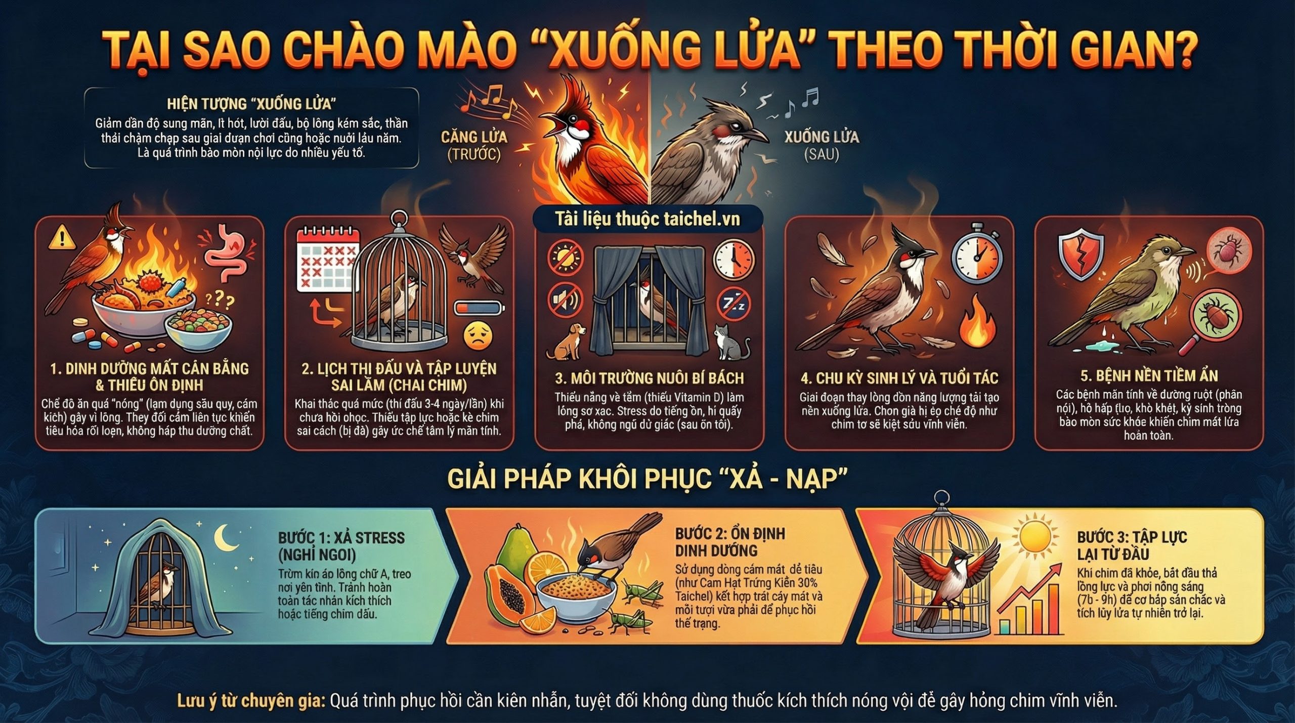 Biểu đồ đường cong phong độ của chim: Lên đỉnh -> Duy trì -> Xuống dốc (nếu chăm sai) vs. Ổn định (nếu chăm đúng).