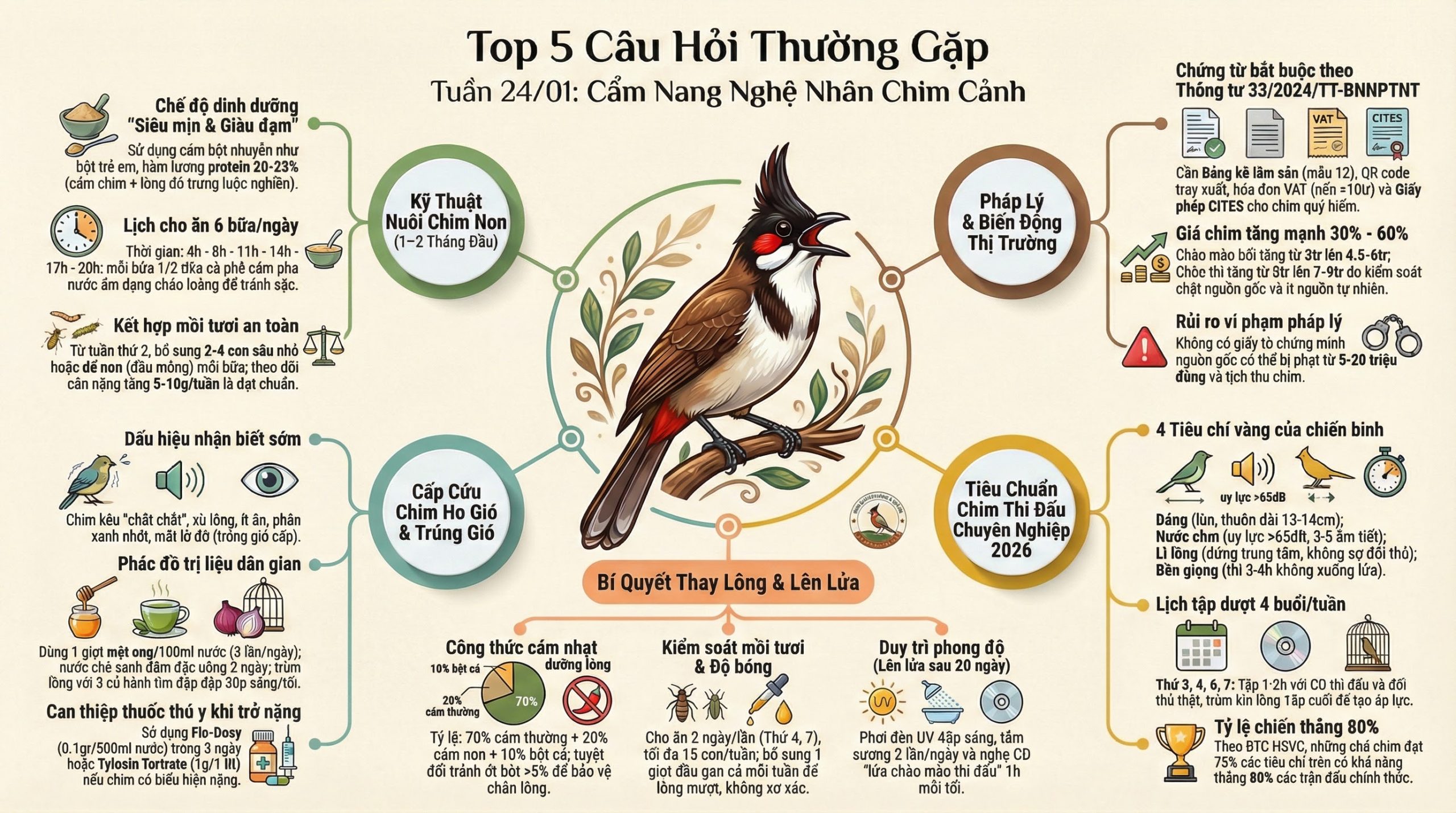 Infographic cẩm nang nuôi chim toàn diện: Hướng dẫn chăm chim non, thủ tục giấy tờ pháp lý, cách trị ho gió, tiêu chí chọn chim thi đấu, dinh dưỡng thay lông và setup môi trường sống chuẩn Taichel.