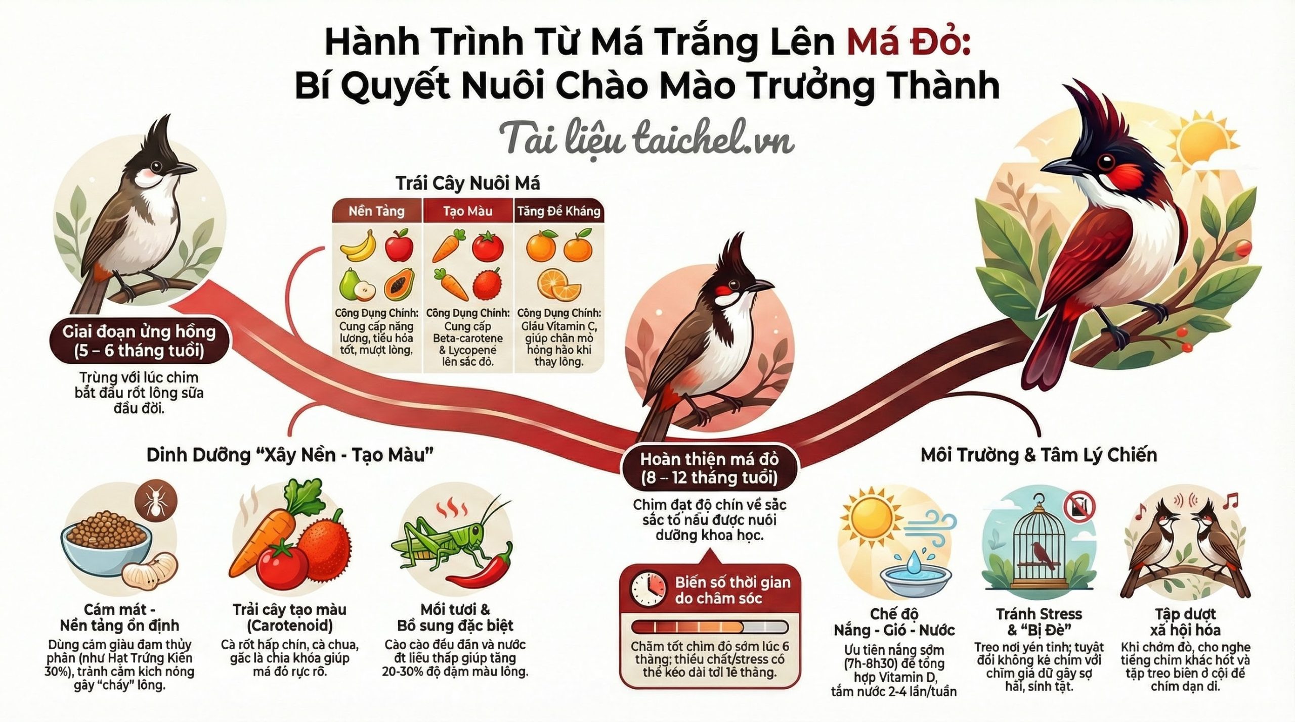 Infographic lộ trình phát triển của chào mào má trắng từ 0 đến 12 tháng tuổi và chế độ dinh dưỡng tương ứng.