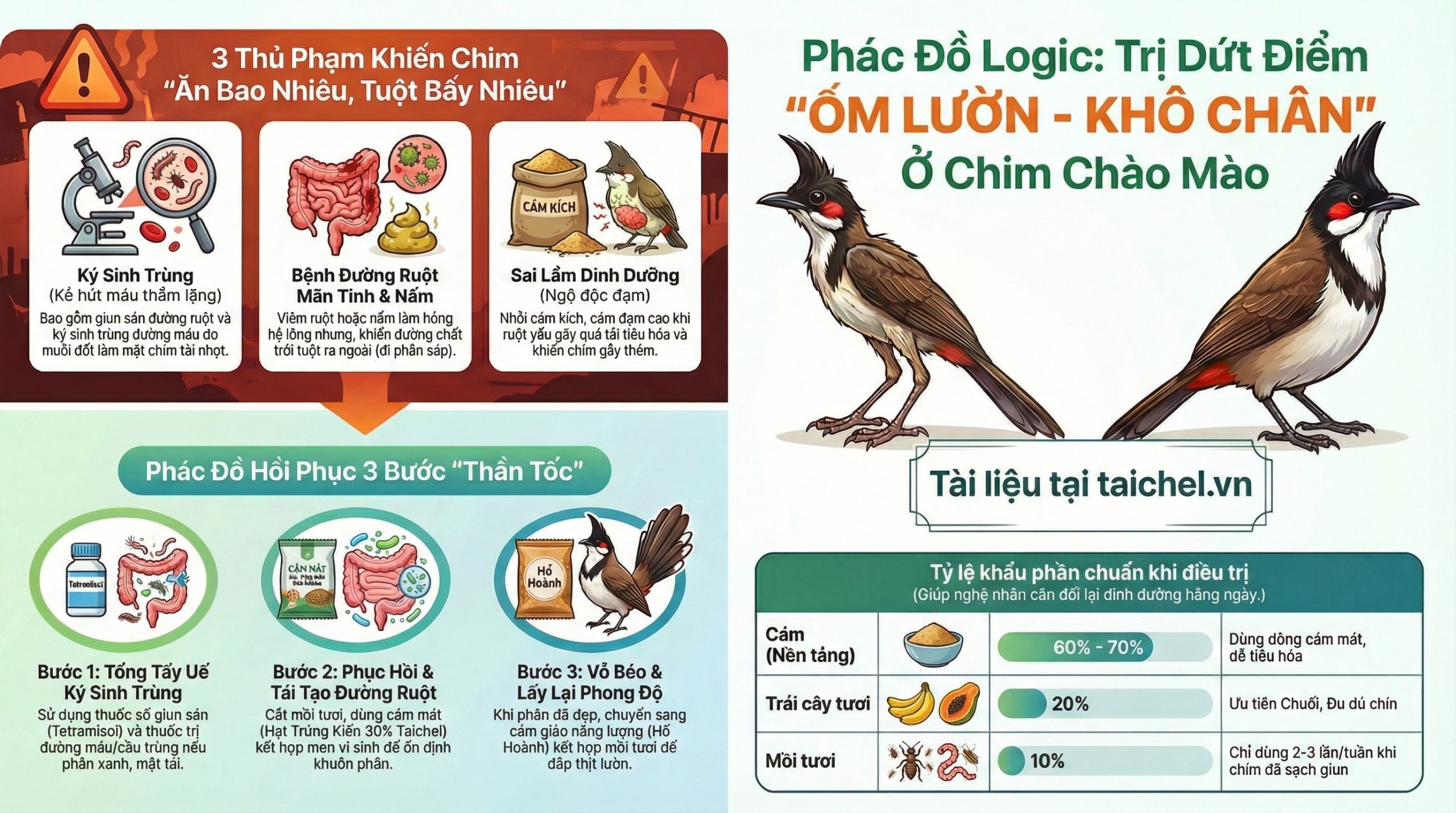 Infographic phác đồ 3 bước điều trị chim bị ốm lườn: Xổ giun, Dưỡng ruột bằng hạt trứng kiến và Vỗ béo.