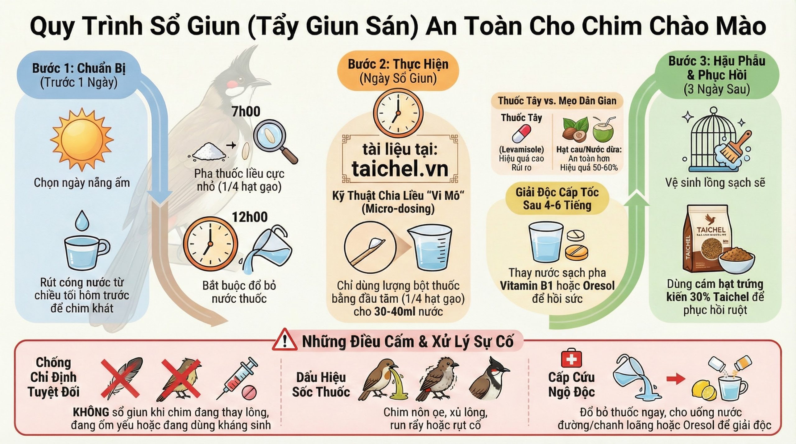 Infographic quy trình 3 bước sổ giun an toàn cho chim cảnh giúp tránh sốc thuốc.