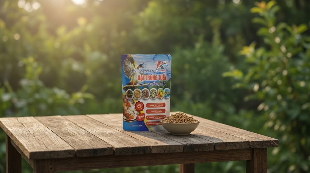 Gói cám Hạt Trứng Kiến Taichel 30% chứa đạm thủy phân mát, giúp phục hồi đường ruột cho chim cảnh sau khi tẩy giun sán.