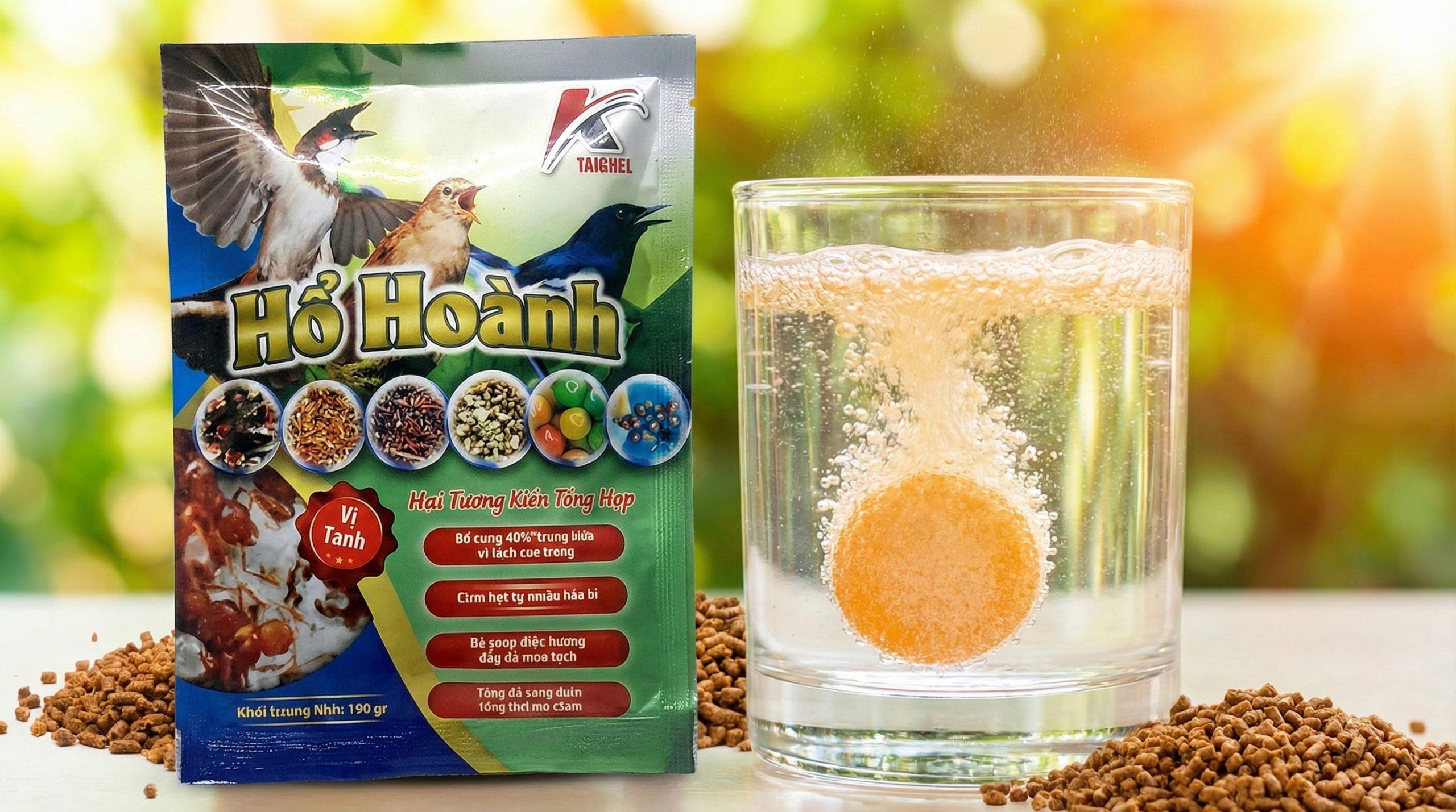 Hình ảnh gói Cám Hổ Hoành Taichel và Cóng nước Vitamin C sủi.