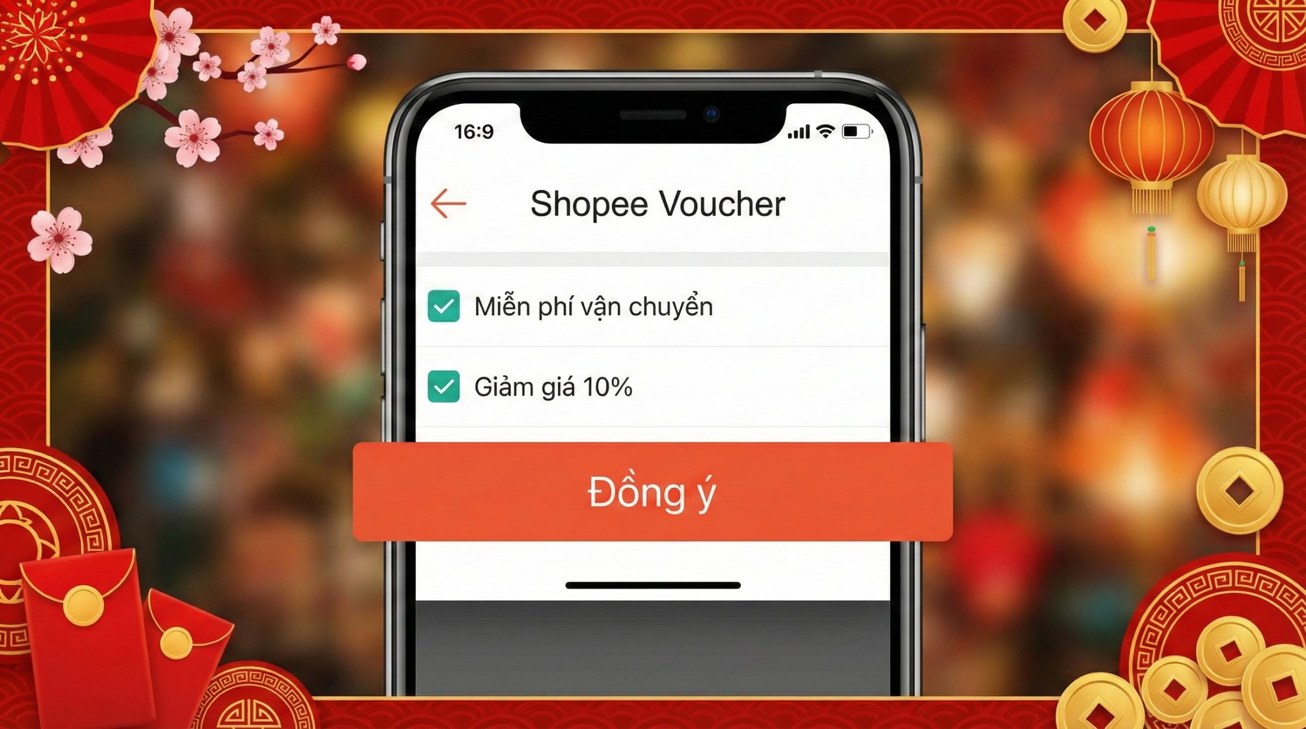 Hình ảnh màn hình thanh toán Shopee đang chọn mã Freeship và Mã giảm giá cùng lúc.