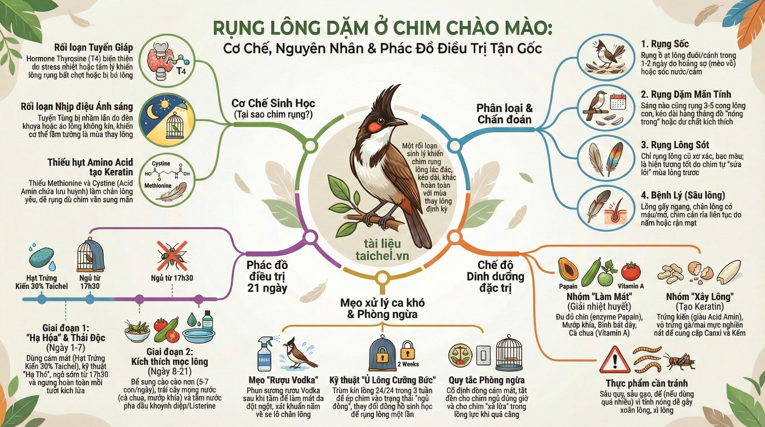 Infographic so sánh sự khác biệt giữa rụng lông dặm và thay lông mùa ở chim chào mào.