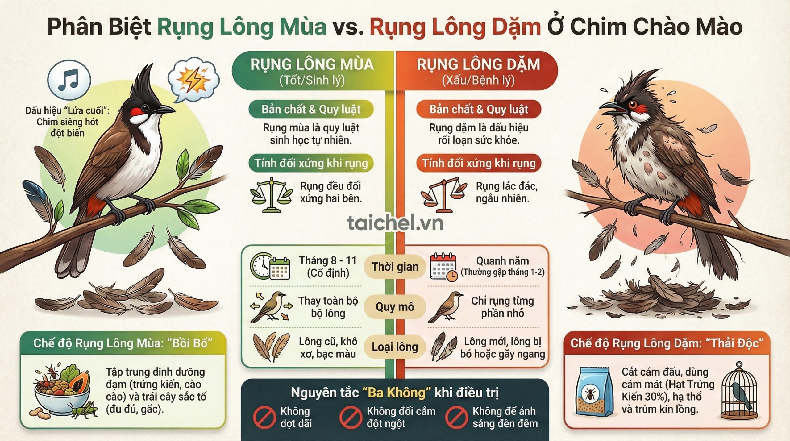 nfographic bảng so sánh 6 tiêu chí phân biệt giữa rụng lông mùa và rụng lông dặm ở chim chào mào.
