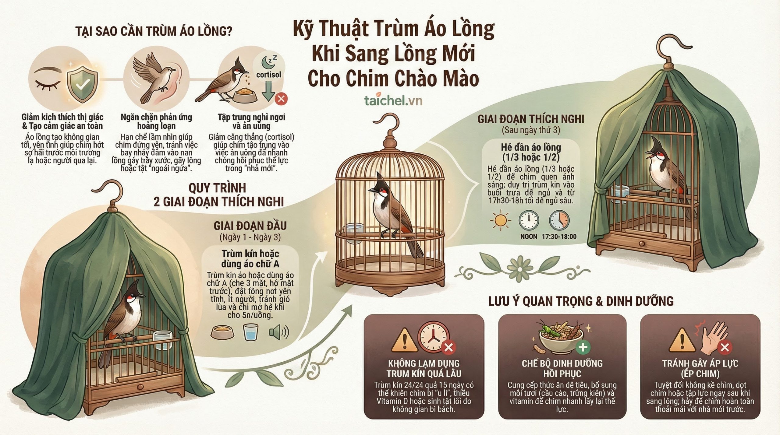 Infographic hướng dẫn lộ trình 3 giai đoạn trùm và mở áo lồng khi sang lồng mới cho chim cảnh.