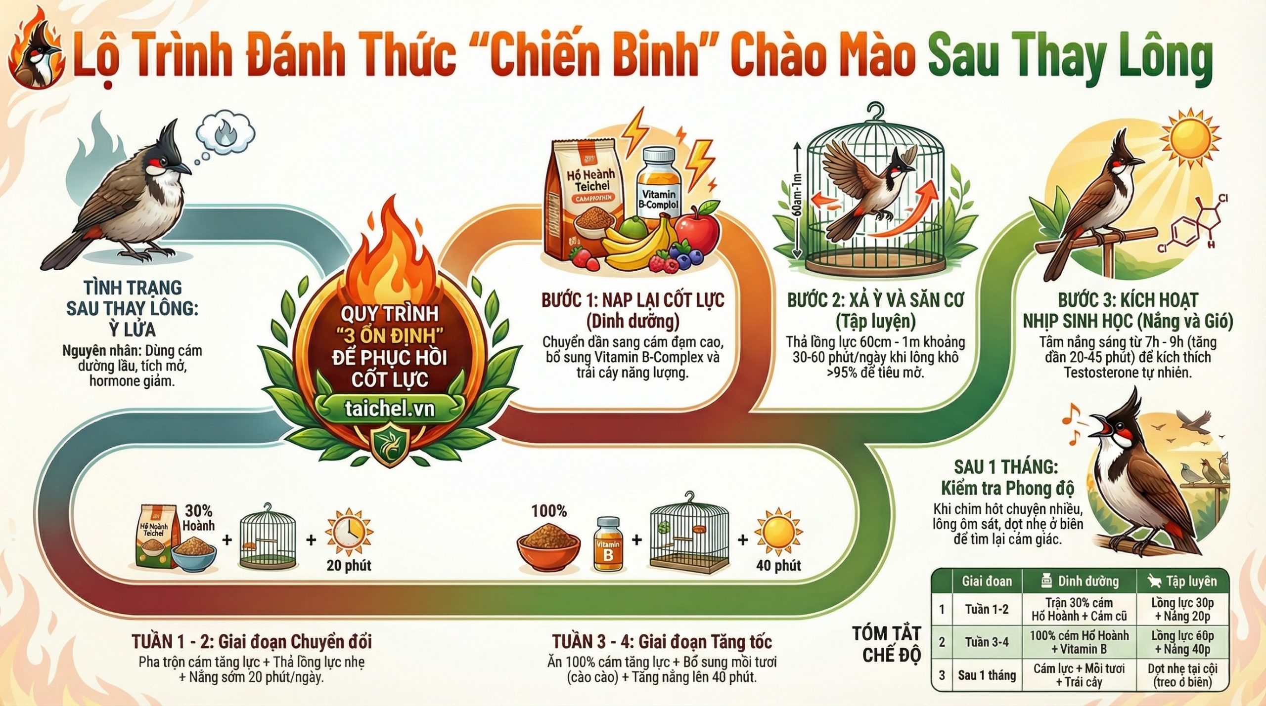 Infographic sơ đồ phác đồ kích lửa 3 bước cho chào mào sau thay lông: Ổn định dinh dưỡng, thần kinh và thể chất.