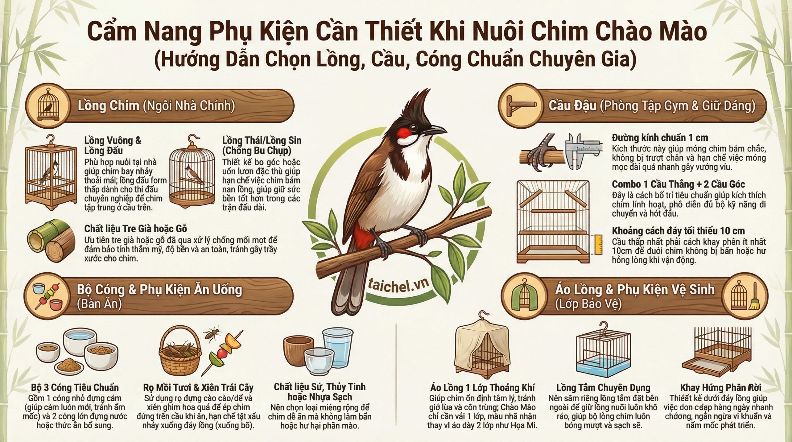 Infographic danh sách 6 phụ kiện nuôi chào mào cần thiết nhất.