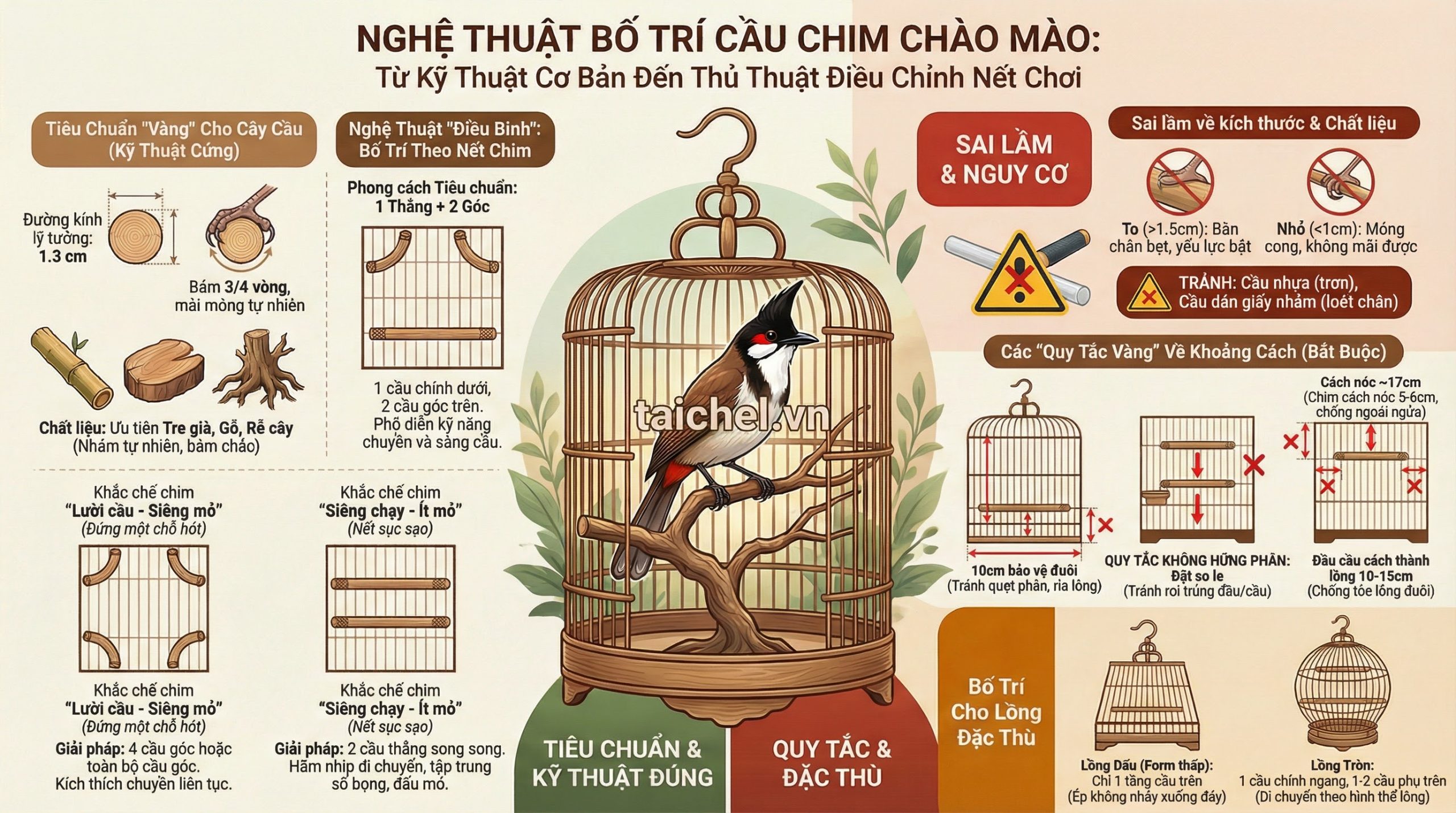 Infographic 3 cách bố trí cầu lồng chào mào để khắc phục tật lười đấu hoặc chạy cầu quá nhiều.
