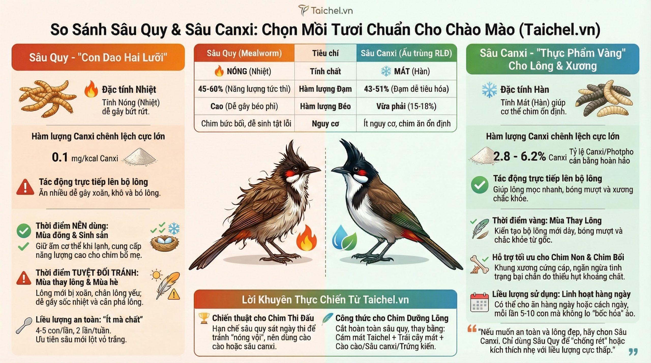 Infographic so sánh thành phần dinh dưỡng và tính chất nóng mát giữa sâu quy và sâu canxi.