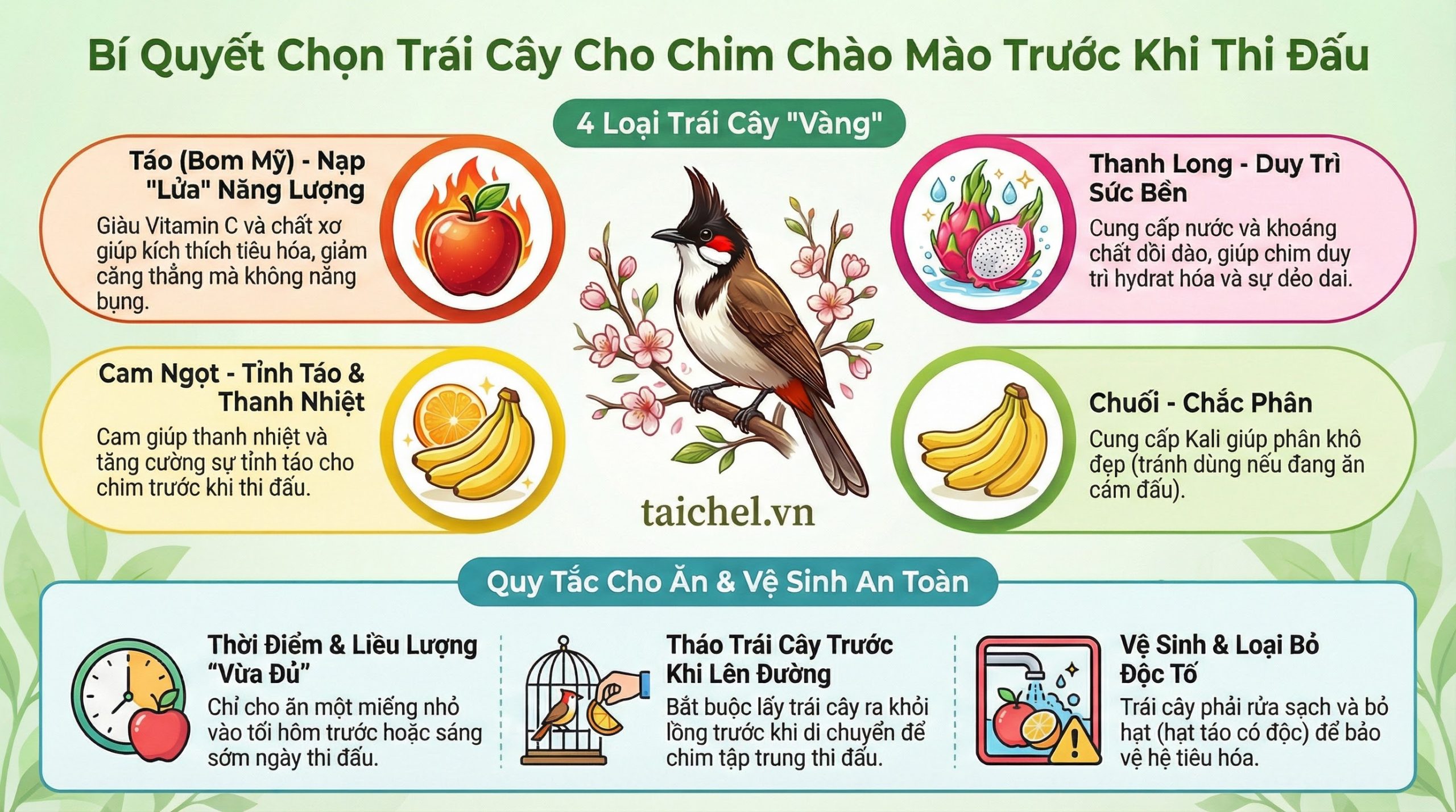 Infographic sơ đồ thời gian biểu cho chào mào ăn mồi tươi và trái cây trước ngày thi đấu.
