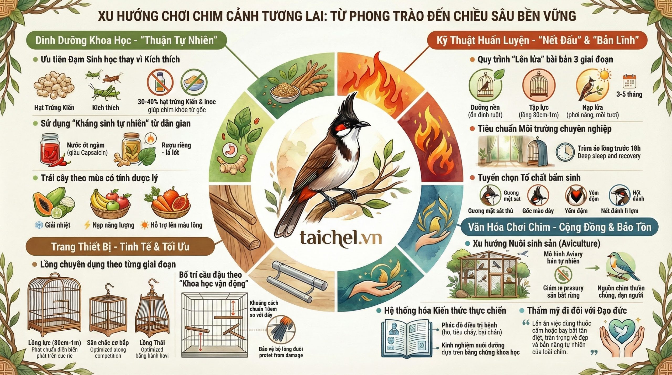 Infographic tóm tắt các xu hướng chơi chim cảnh theo phương pháp khoa học và bền vững.