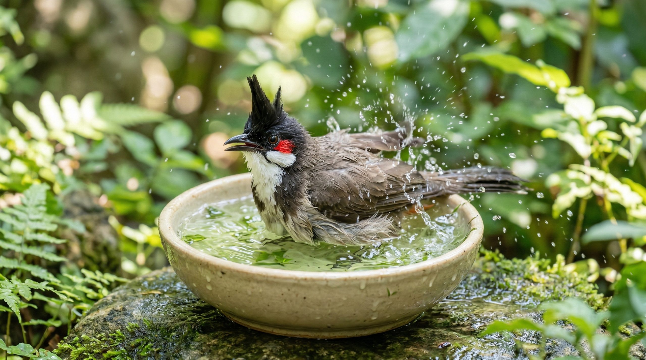 Hình ảnh chú chim đang tắm trong khay nước pha dung dịch loãng để tiêu diệt rận mạt an toàn.