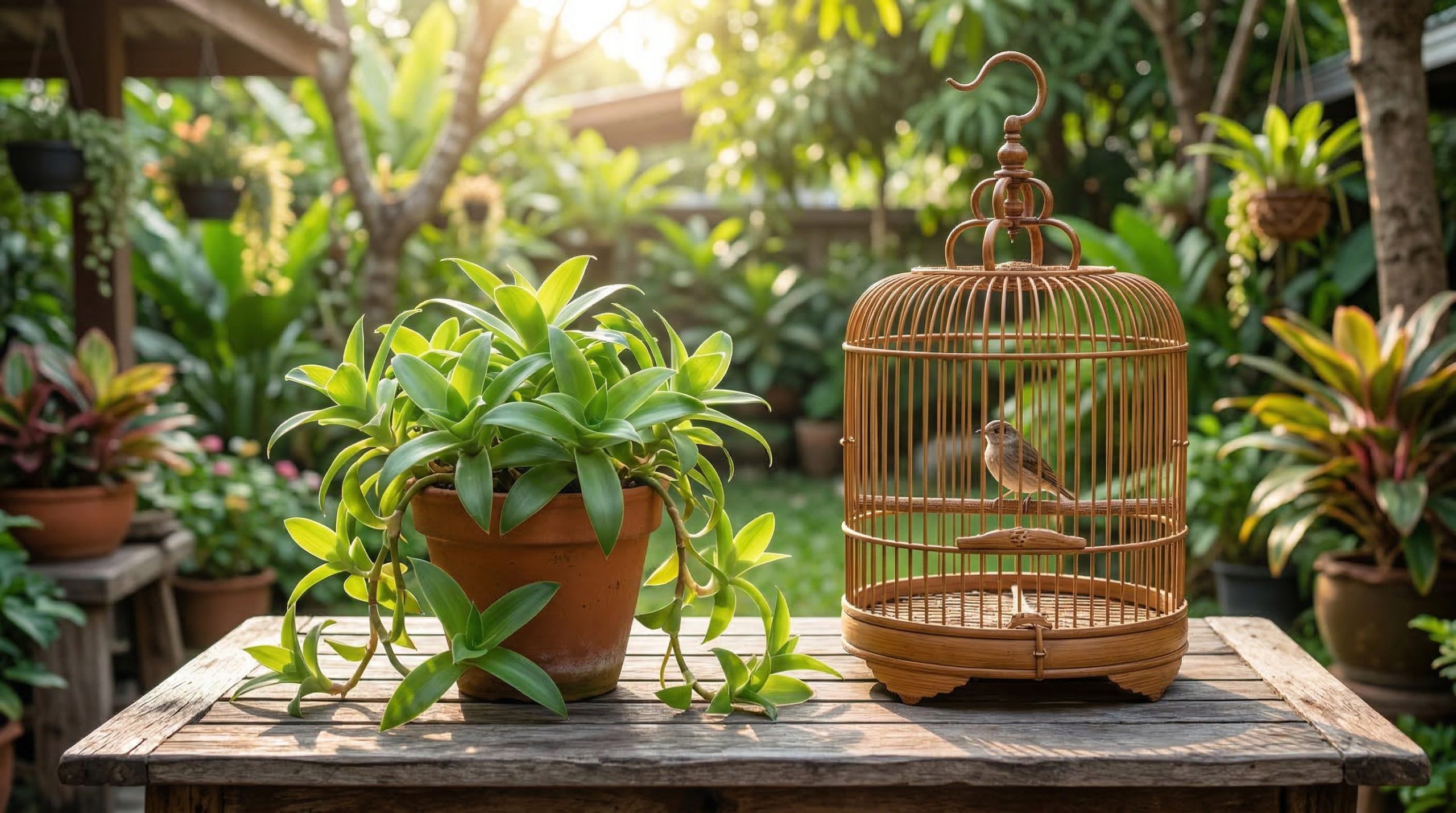 Cóng nước chứa nước mía pha loãng màu vàng nhạt đặt trong lồng chim chào mào.