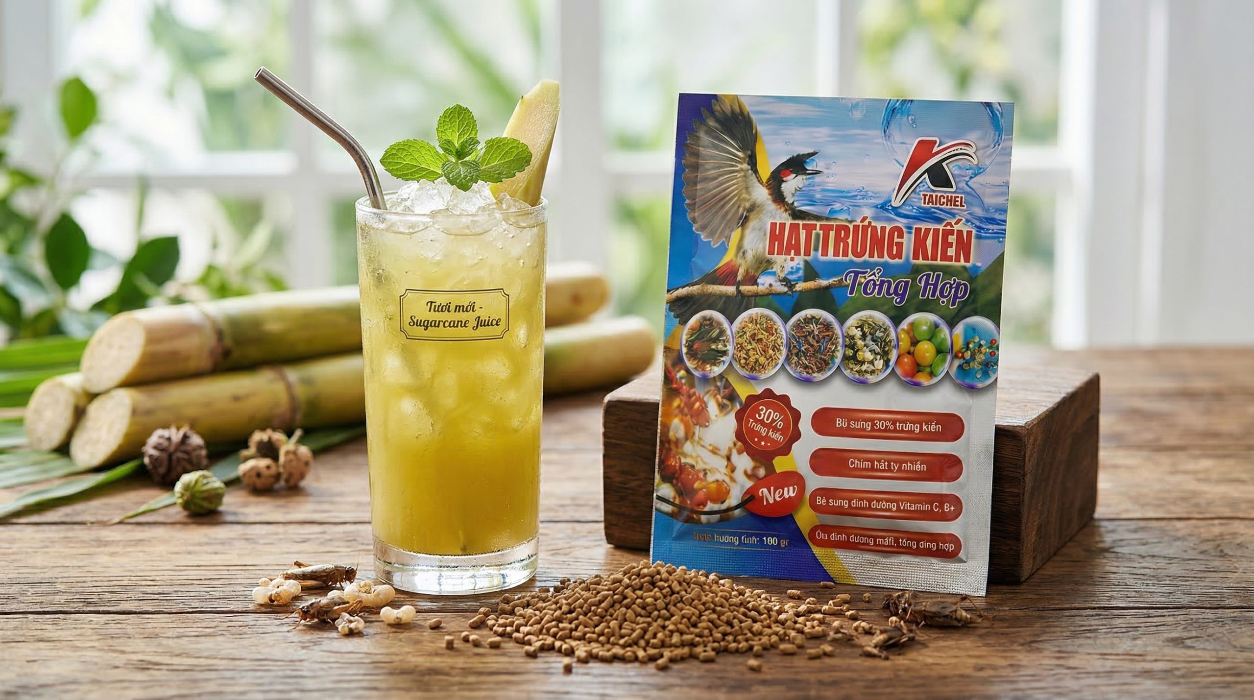 Sự kết hợp giữa nước mía giải nhiệt và cám Hạt Trứng Kiến Taichel giàu đạm sinh học.