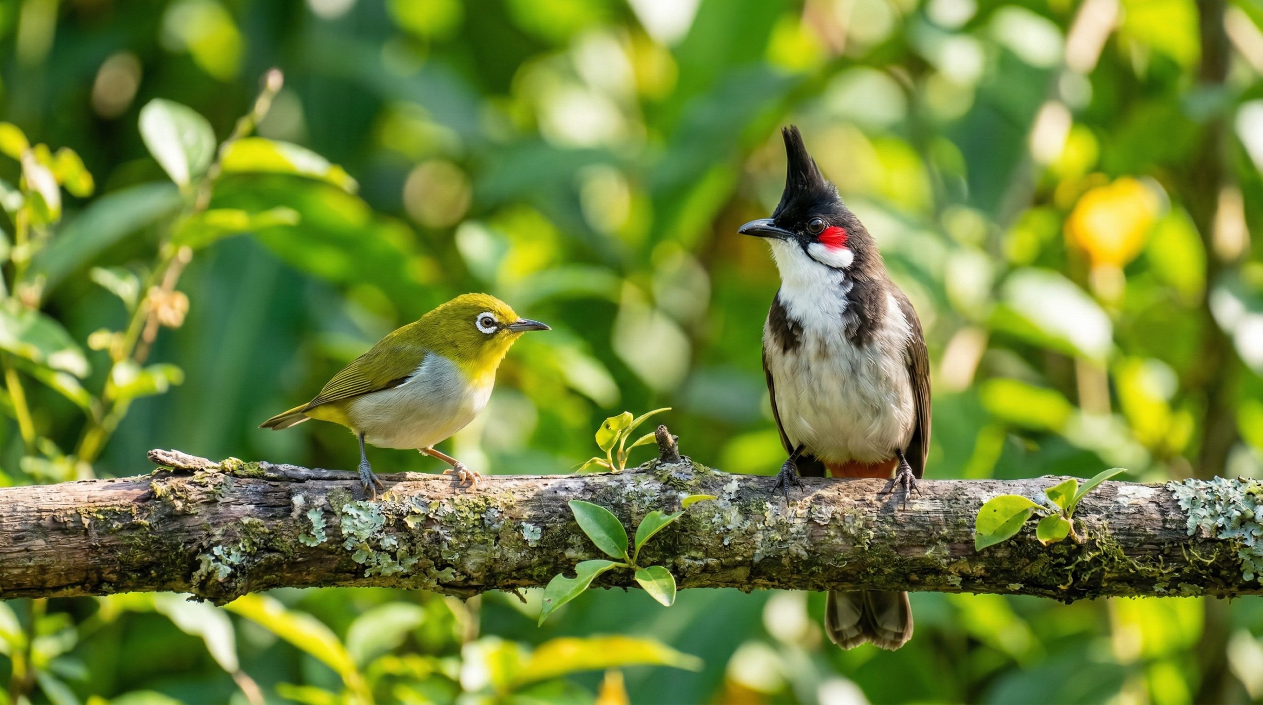 Hình ảnh chim Vành Khuyên nhỏ nhắn và Chào Mào năng động đang đậu trên cành cây tự nhiên.