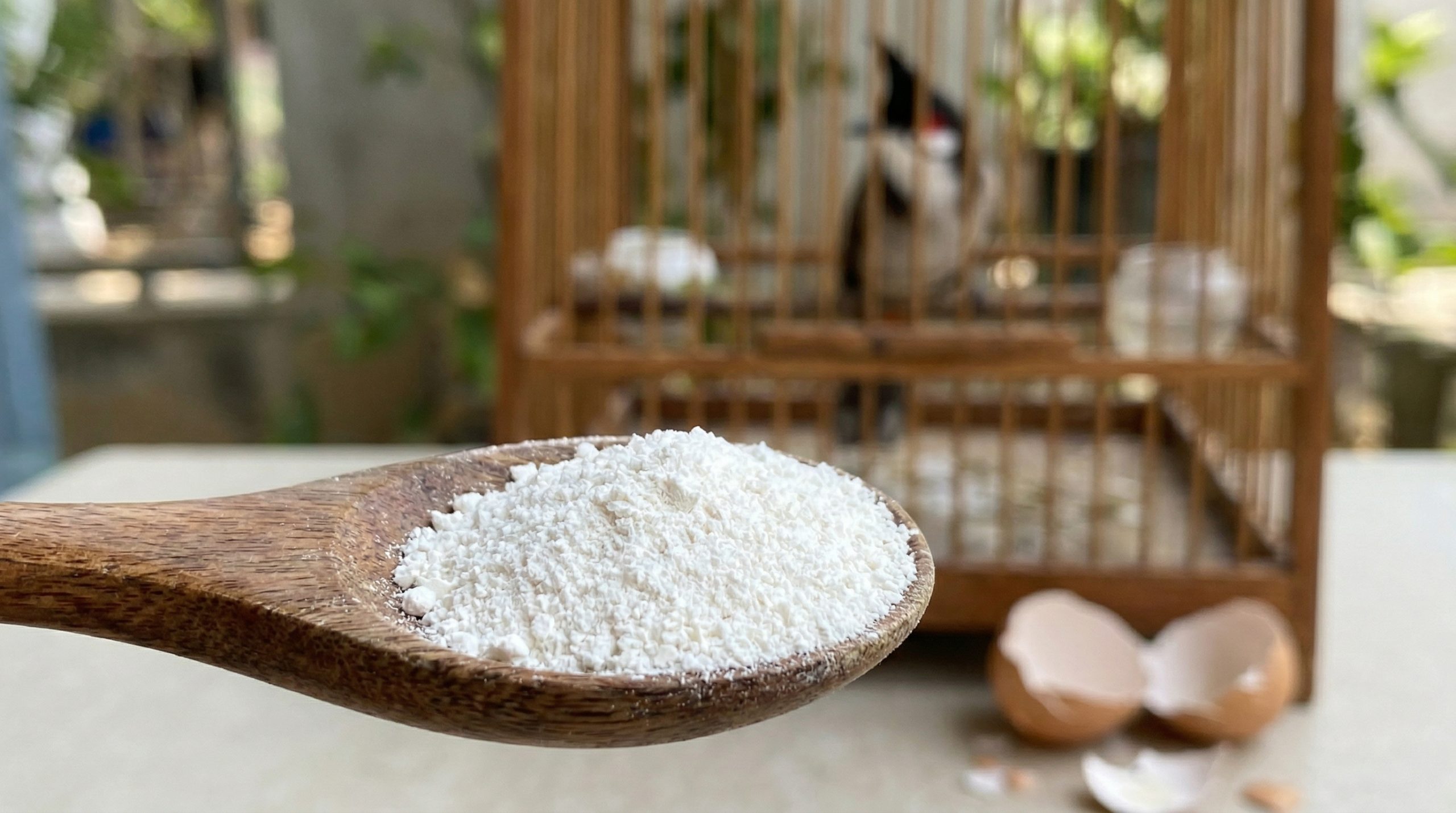 Bột vỏ trứng gà tự nhiên làm mịn giúp chim chào mào bổ sung canxi.
