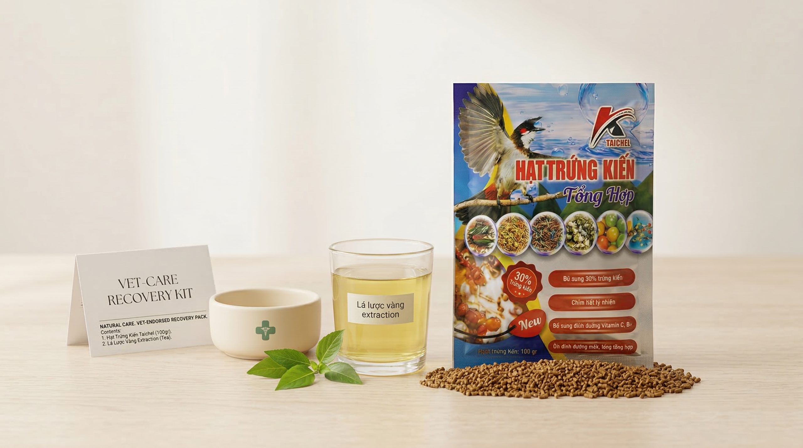 Chế độ phục hồi cho chim bằng cám Hạt Trứng Kiến Taichel và nước lá lược vàng.