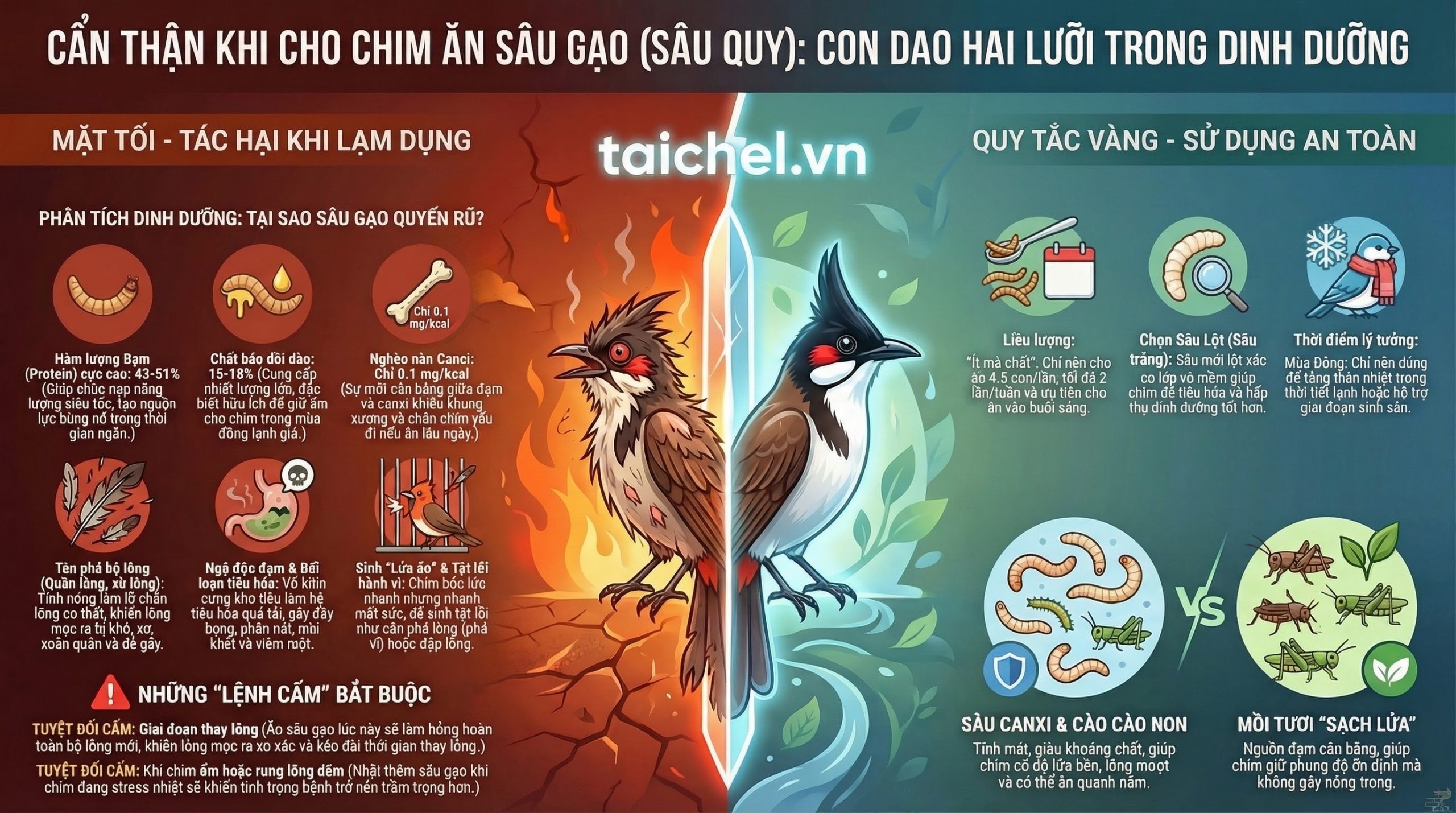 infographic cảnh báo tác hại và hướng dẫn cách cho chim ăn sâu quy an toàn.