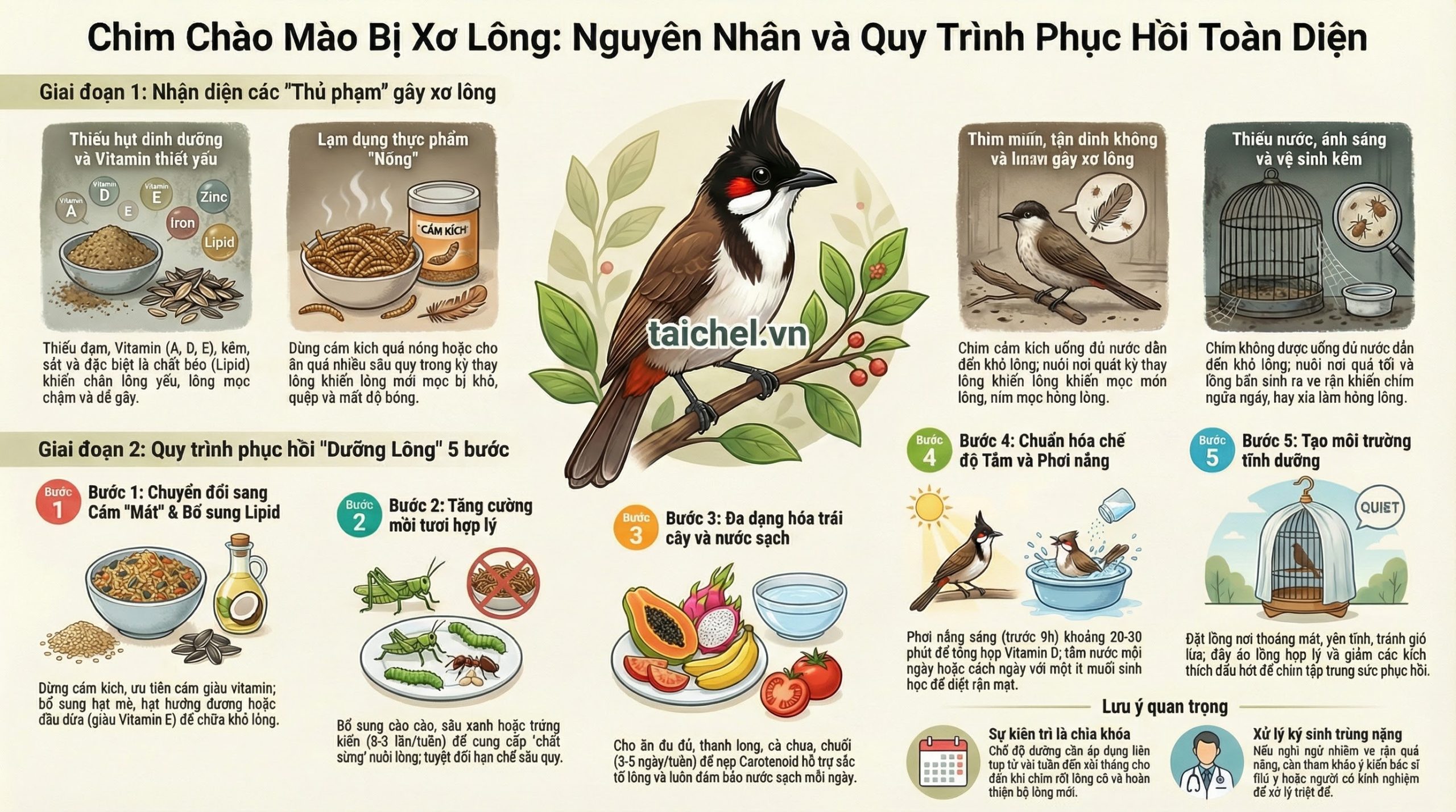 Infographic 4 bước khắc phục tình trạng chim sơ lông, khô gãy do thiếu chất và cám nóng.