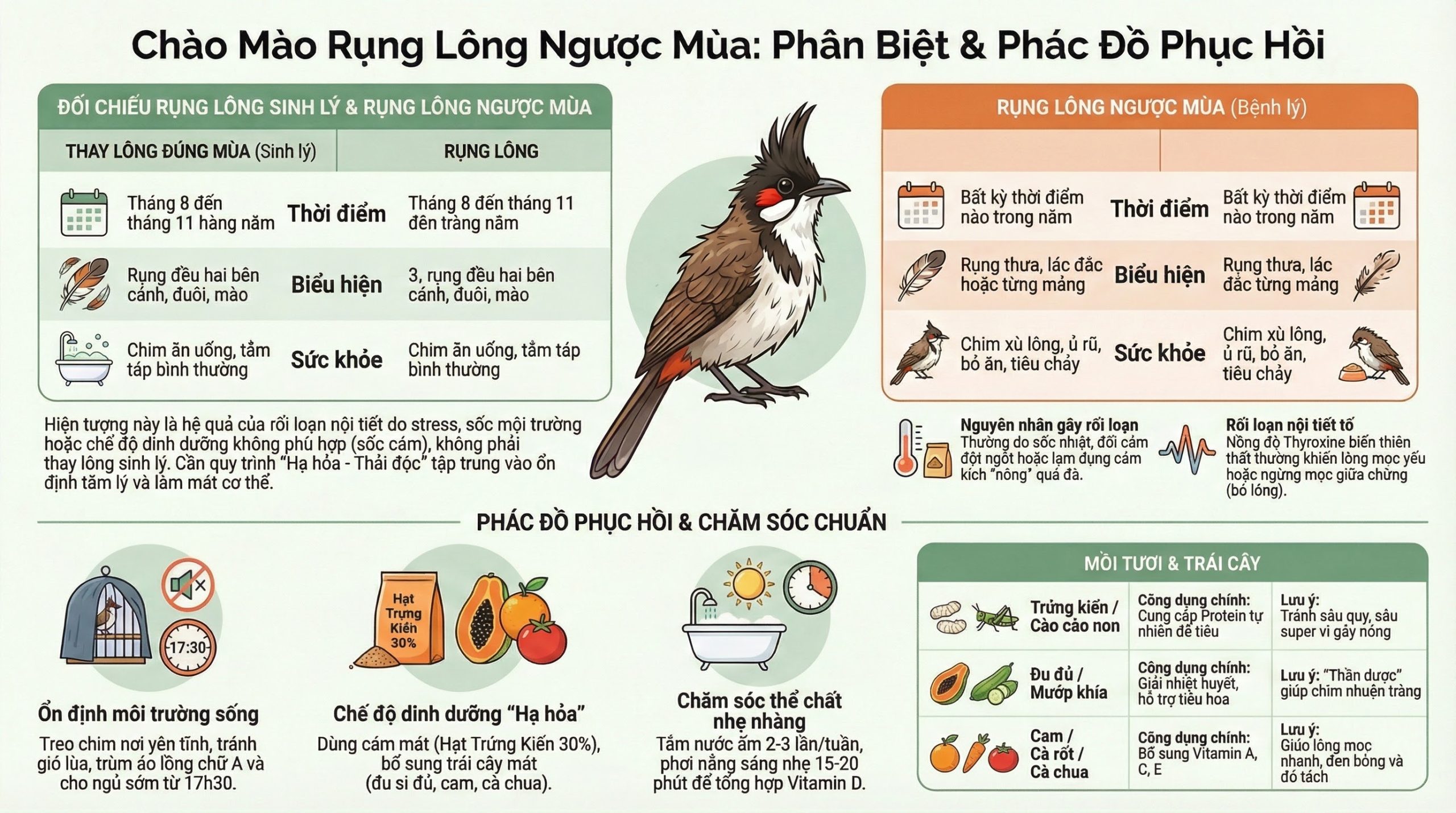 Infographic so sánh dấu hiệu nhận biết chào mào rụng lông ngược mùa do bệnh lý và thay lông đúng mùa.