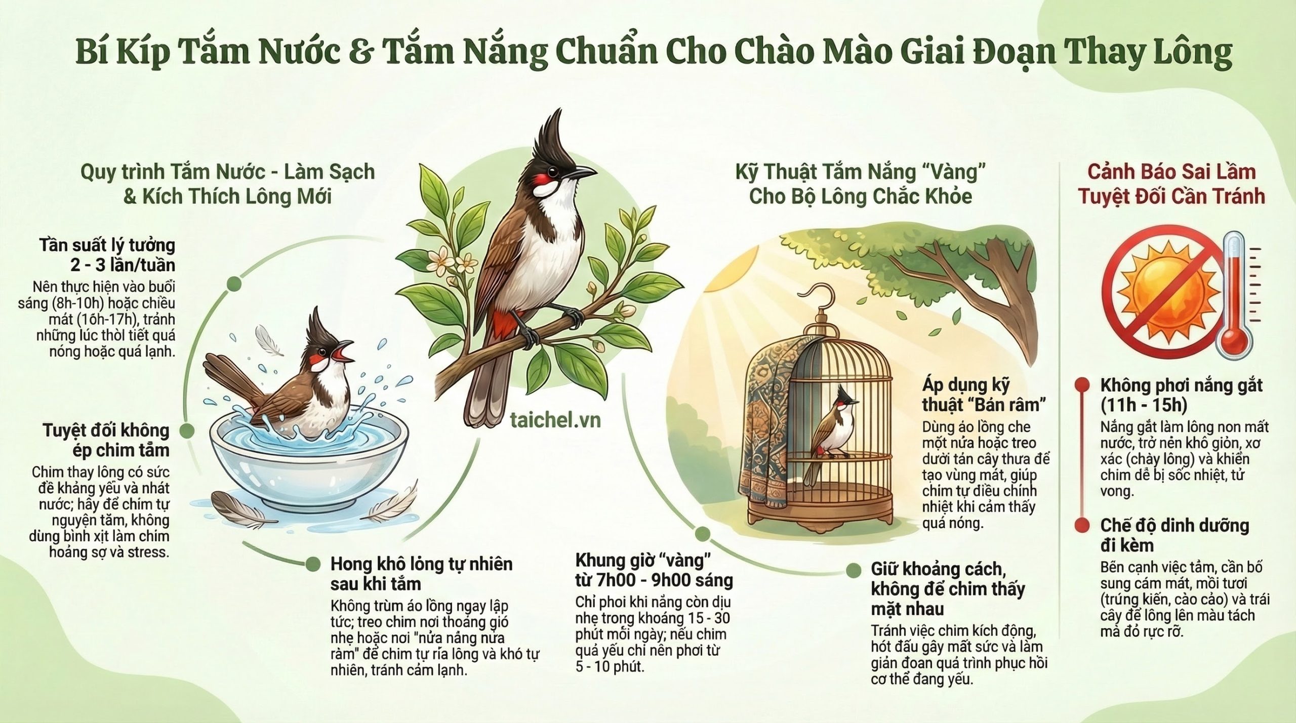 Infographic 3 nguyên tắc vàng về tắm nước, phơi nắng và dinh dưỡng cho chim cảnh đang thay lông.