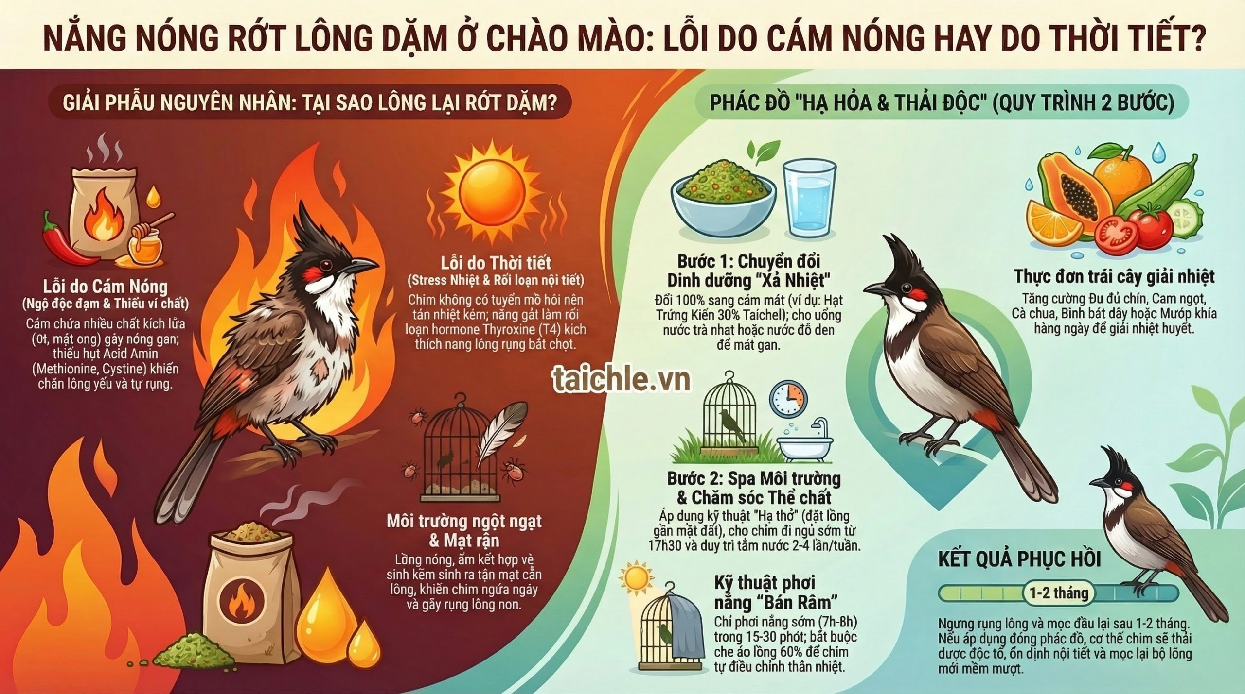 Infographic sơ đồ 3 nguyên nhân gây hiện tượng rớt lông dặm ở chim chào mào vào mùa nắng nóng.