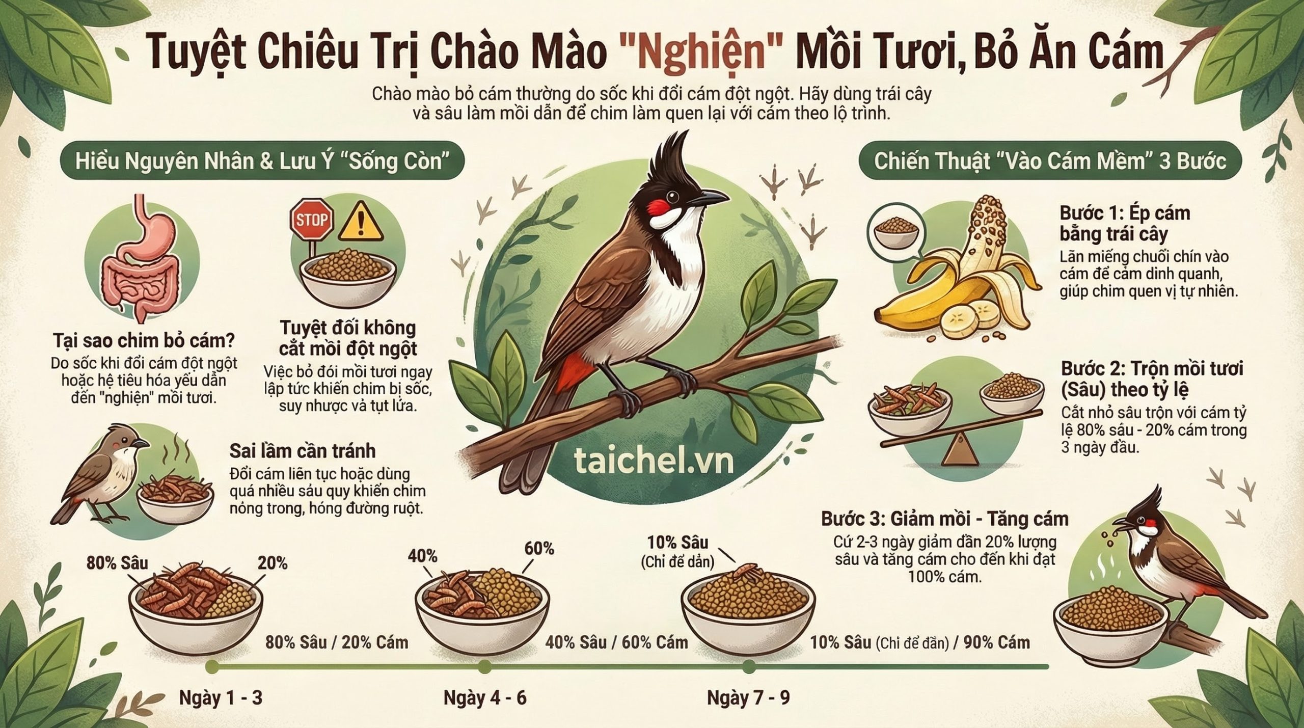 Infographic sơ đồ 4 bước ép chim chào mào ăn cám khô trở lại bằng phương pháp trộn mồi tươi.