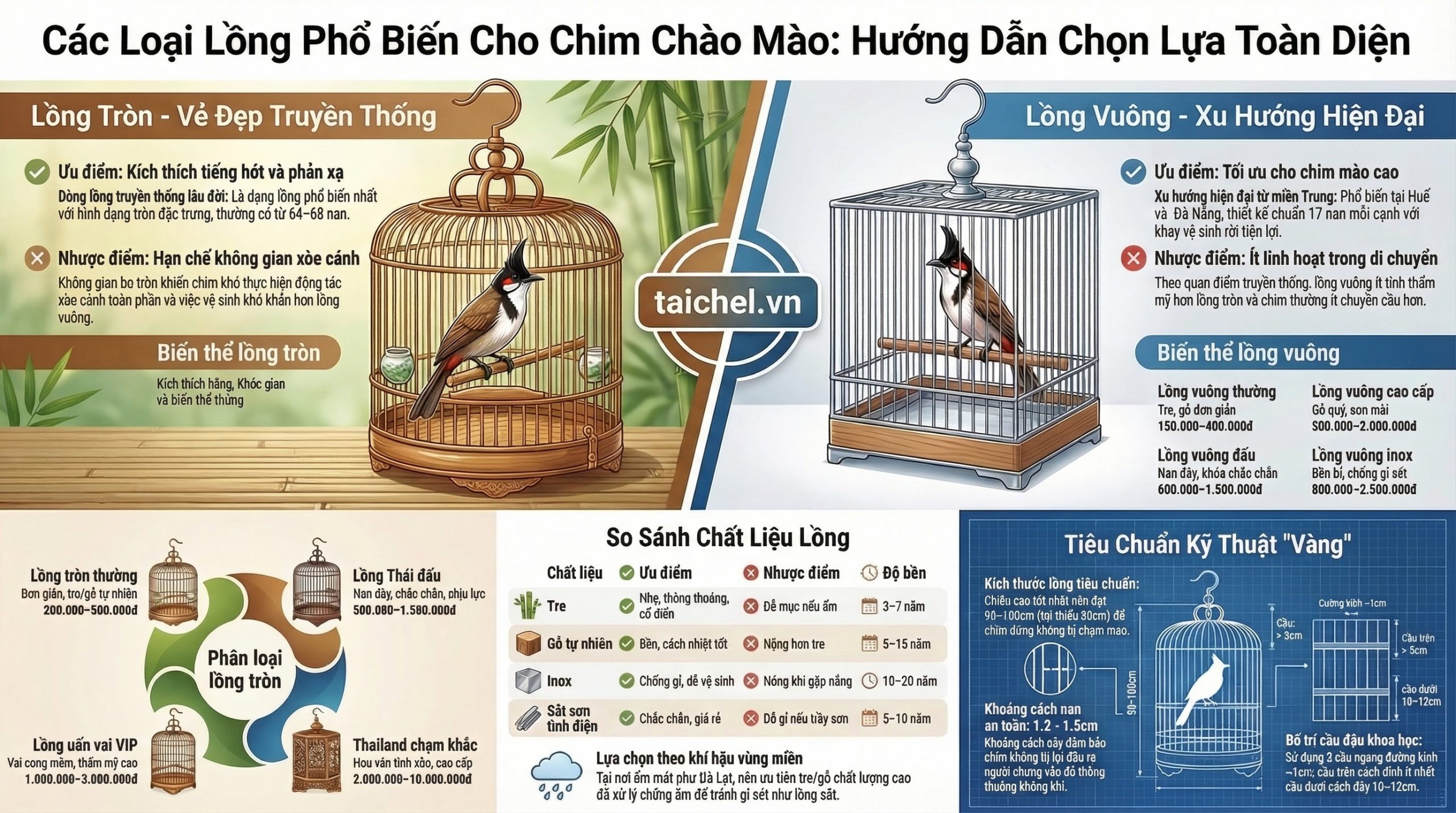 Infographic minh họa các kích thước tiêu chuẩn khi chọn lồng cho chim chào mào.