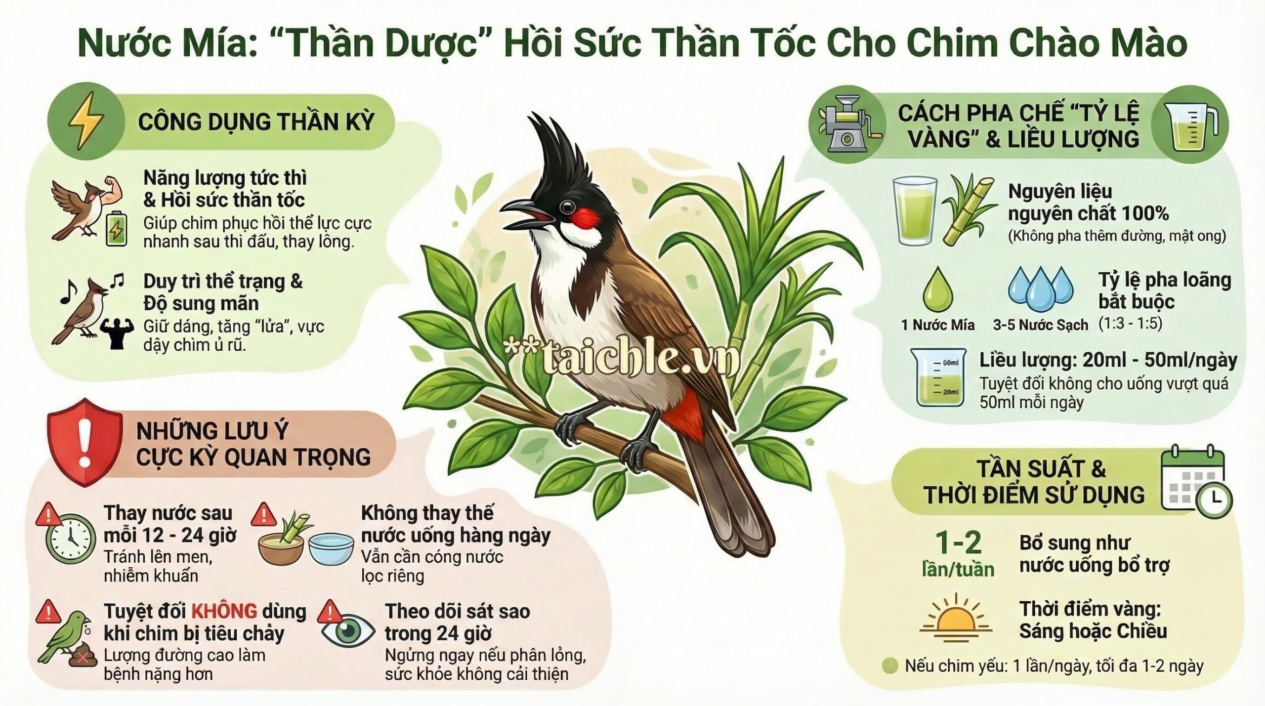 Infographic hướng dẫn cách pha chế và liều lượng nước mía cho chim cảnh hồi sức.