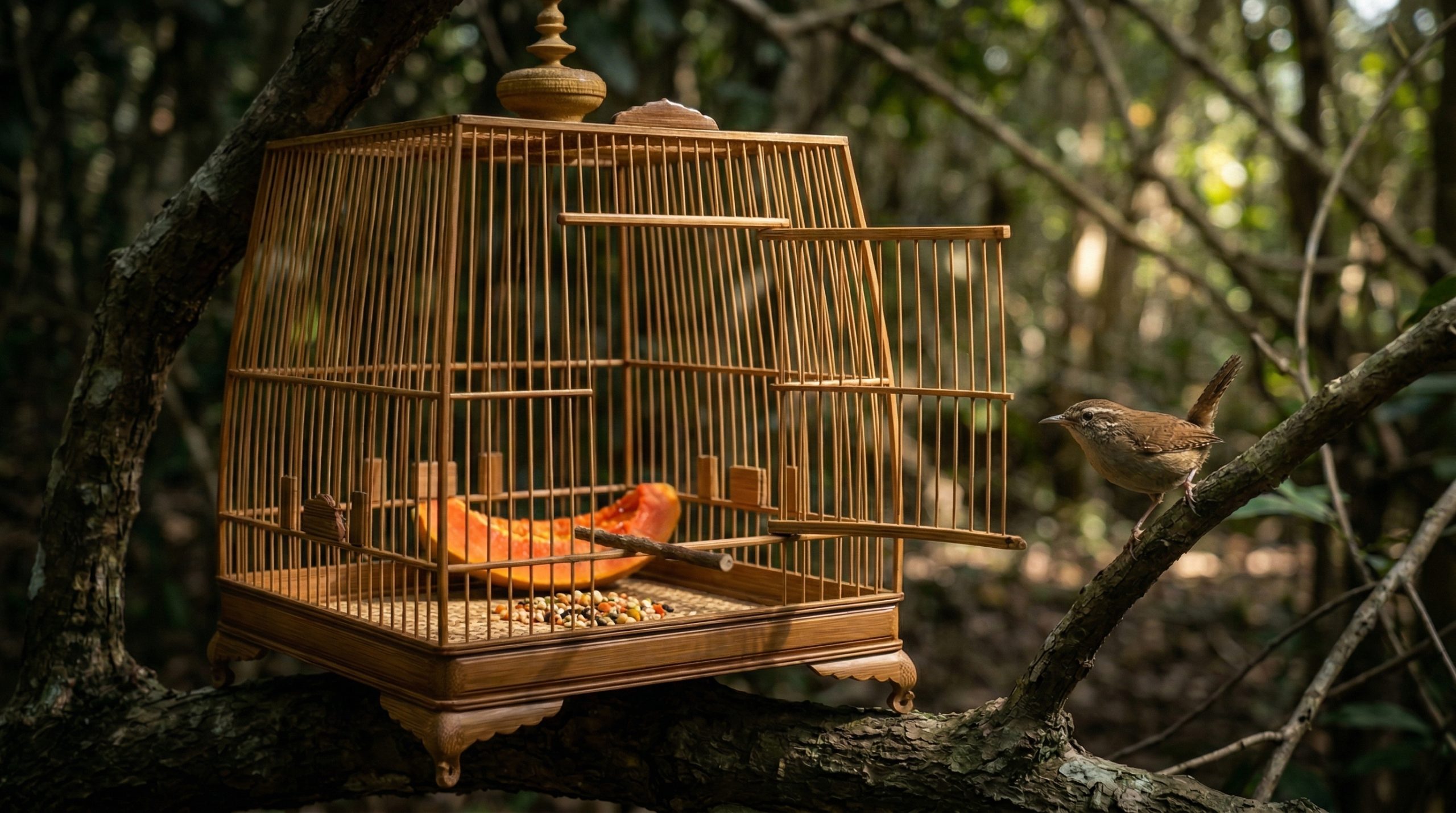 Bố trí lồng bẫy với trái cây tươi và chim mồi để bắt lại chim sổng chuồng.