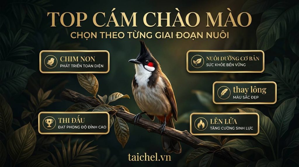 Ảnh bìa chào mào chọn cám theo từng giai đoạn nuôi với bố cục magazine cover khác hẳn bản cũ