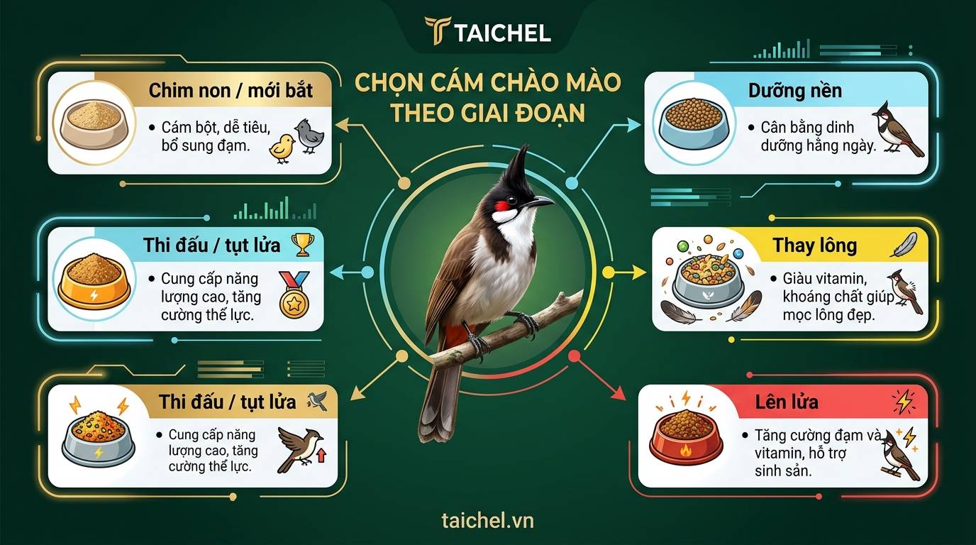 Infographic chọn cám chào mào theo từng giai đoạn nuôi với 5 nhóm rõ ràng
