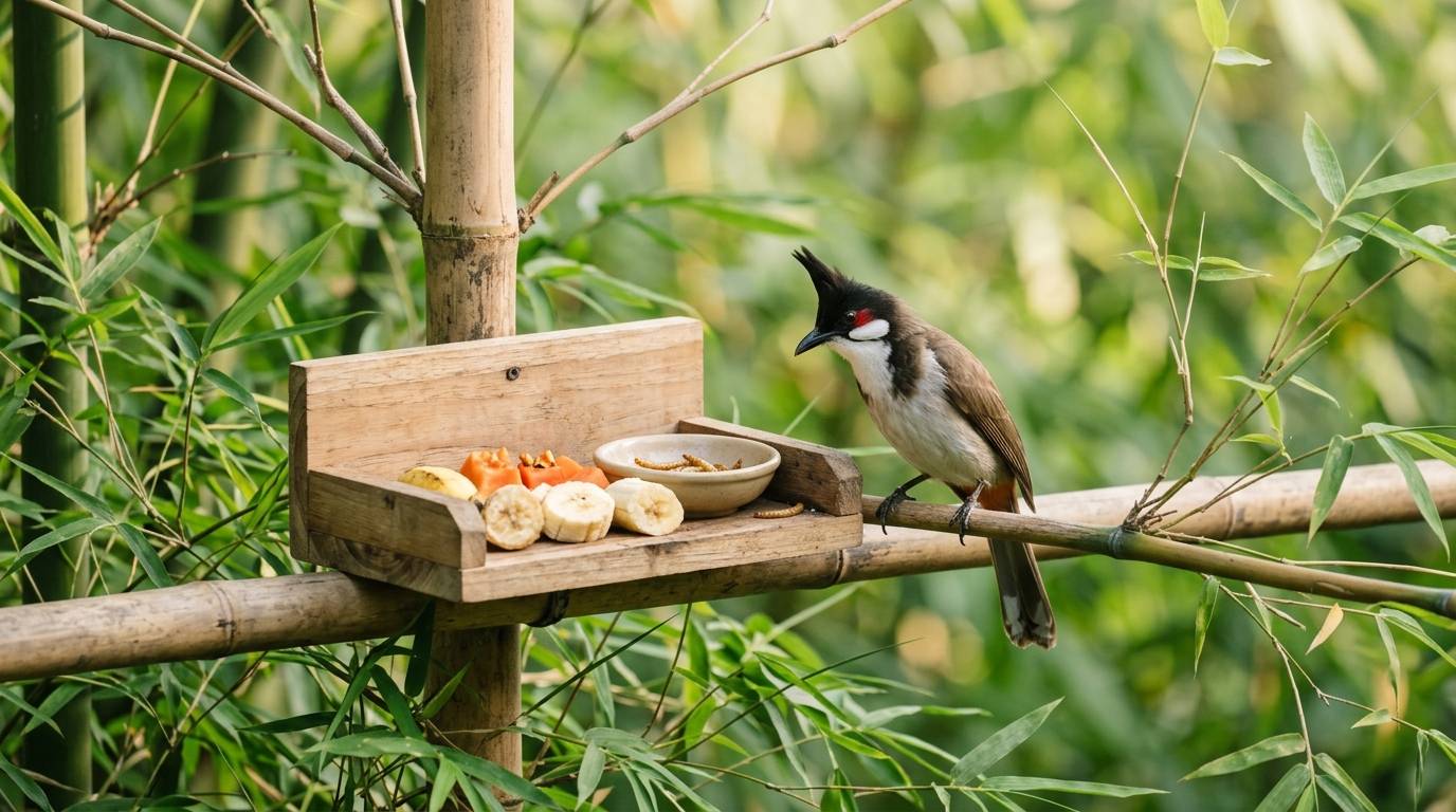 Ảnh minh họa chim chào mào giai đoạn non, mới bắt và dưỡng nền trong không gian tre trúc sáng sớm