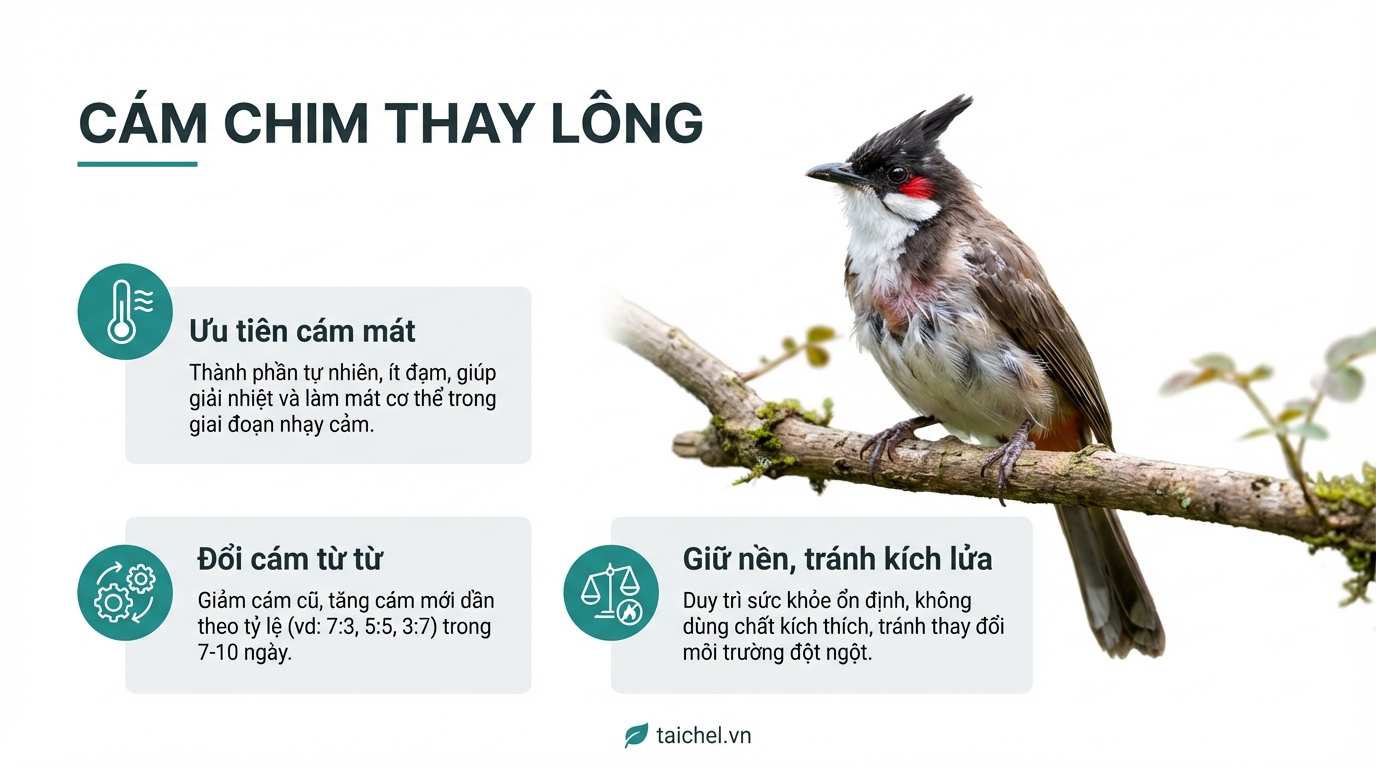 Infographic tóm tắt cách chọn cám chim thay lông với ba nguyên tắc chính là cám mát, đổi cám từ từ và giữ nền ổn định