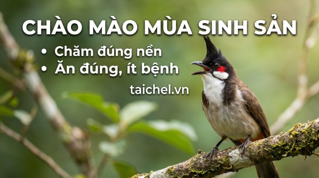 Ảnh bìa chim chào mào mùa sinh sản với tiêu đề, bullet chăm đúng nền và ăn đúng ít bệnh
