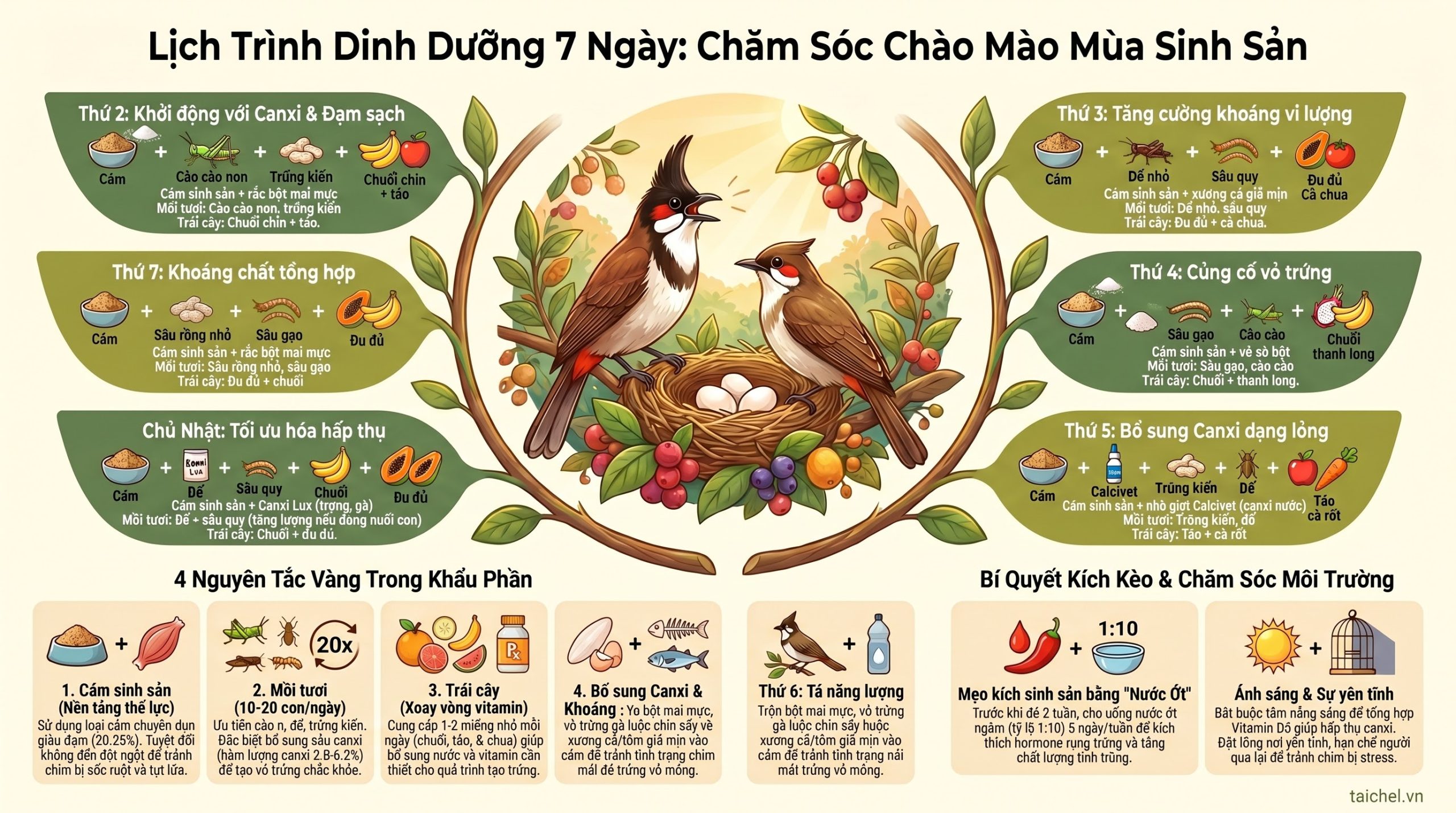 Infographic 4 nhóm dưỡng chất không thể thiếu cho chim chào mào ghép đẻ sinh sản.