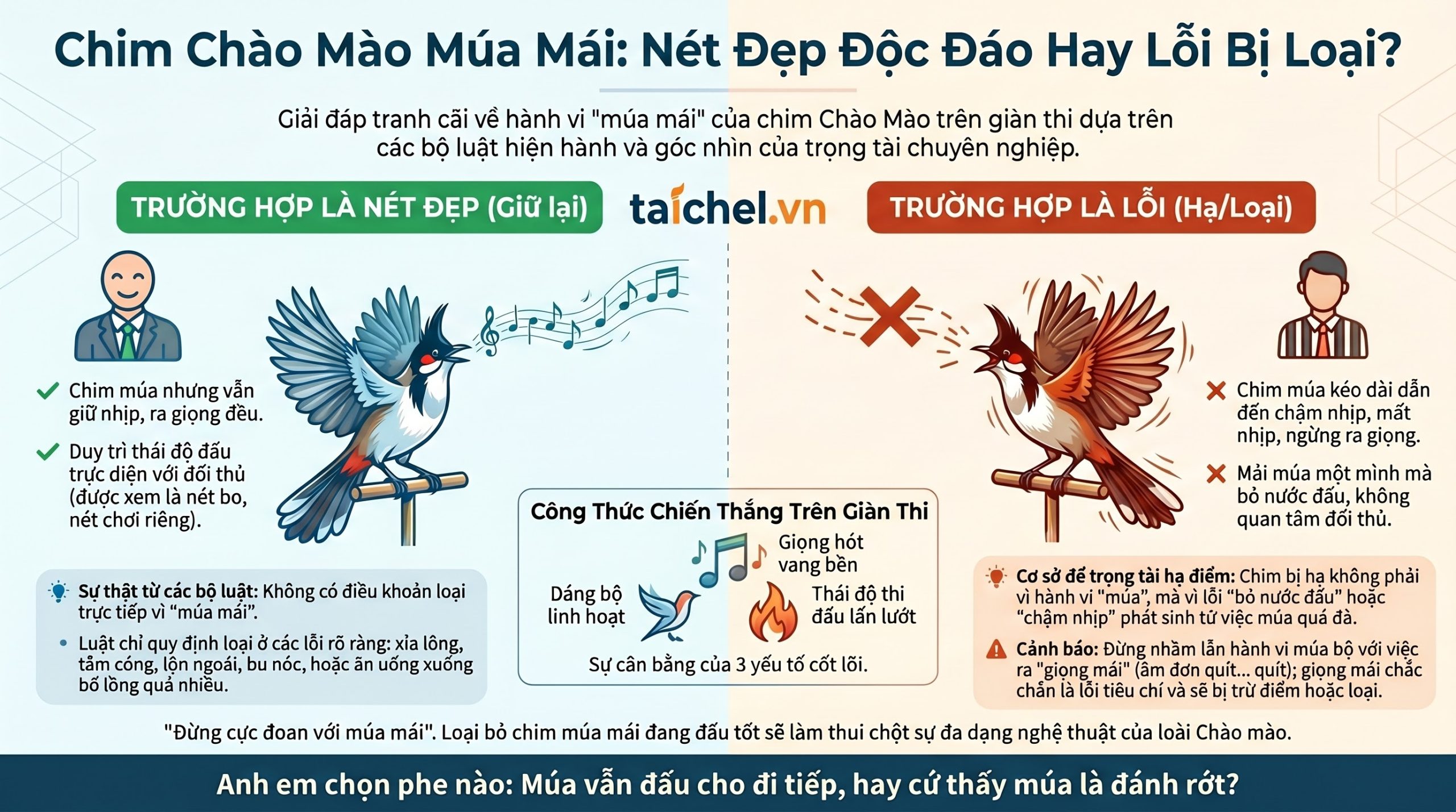 Infographic hướng dẫn trọng tài và nghệ nhân 3 cấp độ phân định lỗi khi chim chào mào múa mái trên giàn thi đấu.