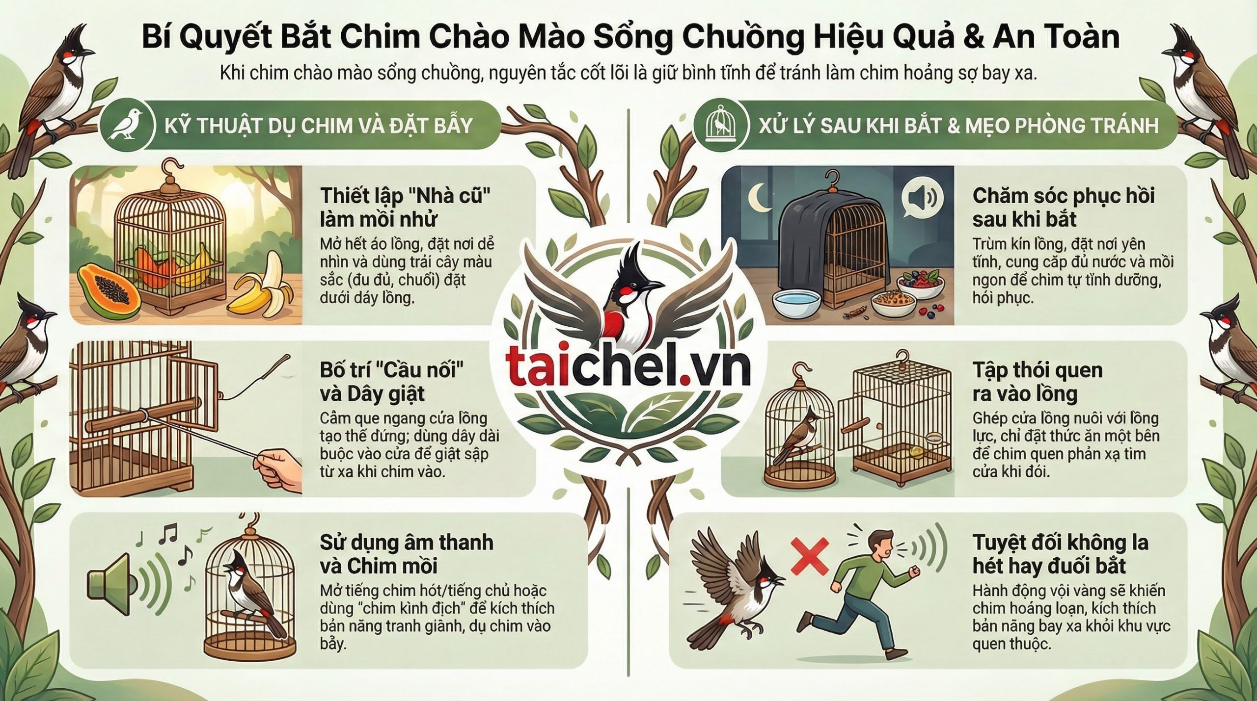 Infographic 4 bước hướng dẫn cách bắt lại chim cảnh khi bị sổng chuồng ra ngoài tự nhiên.